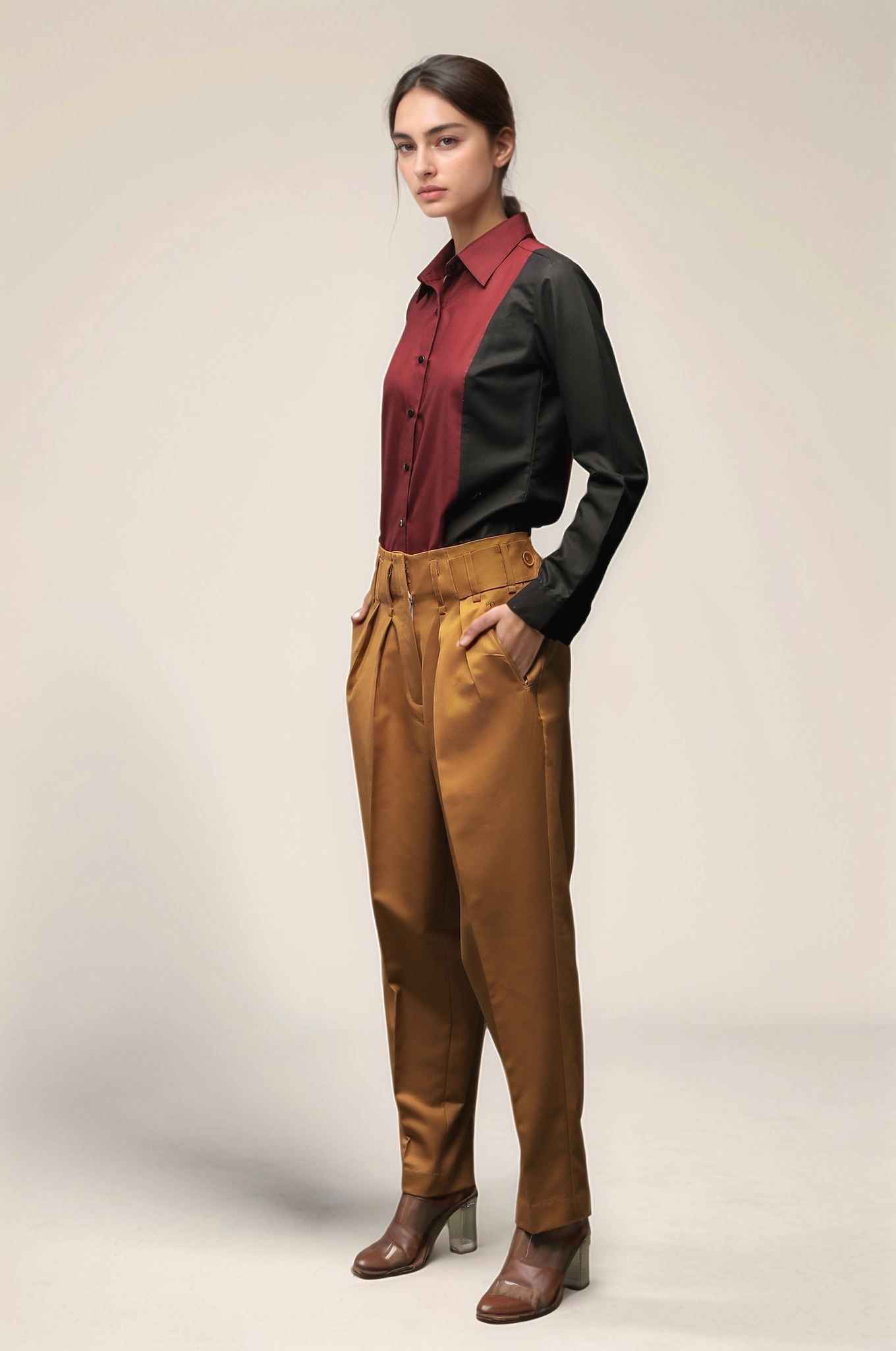 Maroon Black Panel Women Shirt