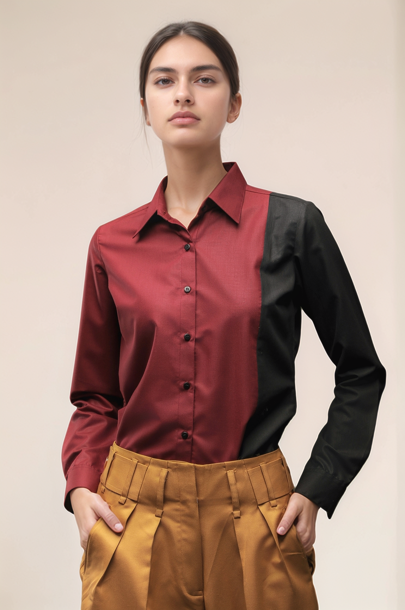Maroon Black Panel Women Shirt