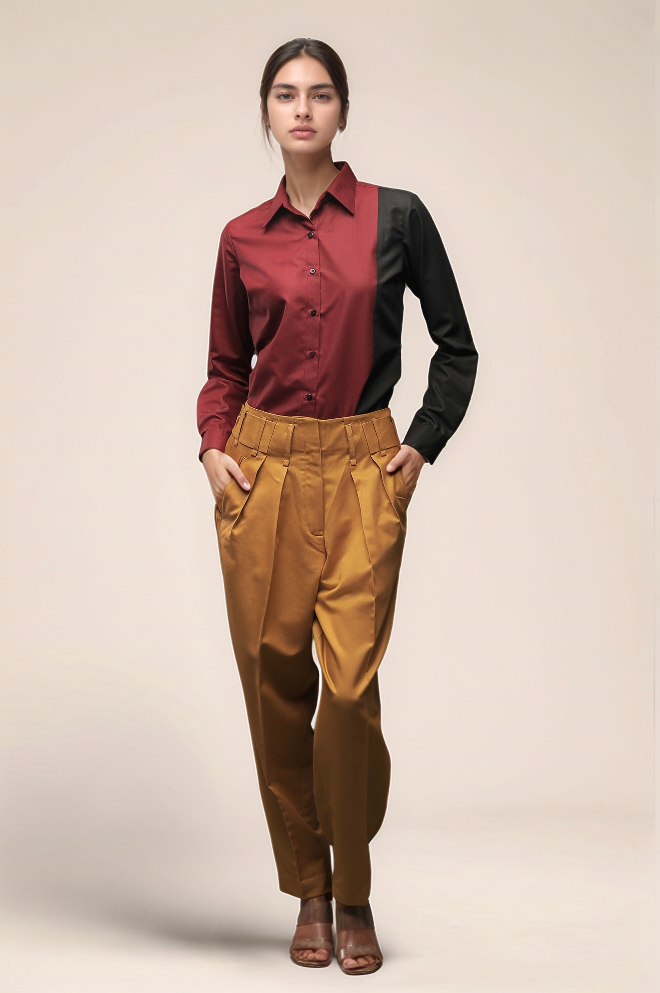 Maroon Black Panel Women Shirt