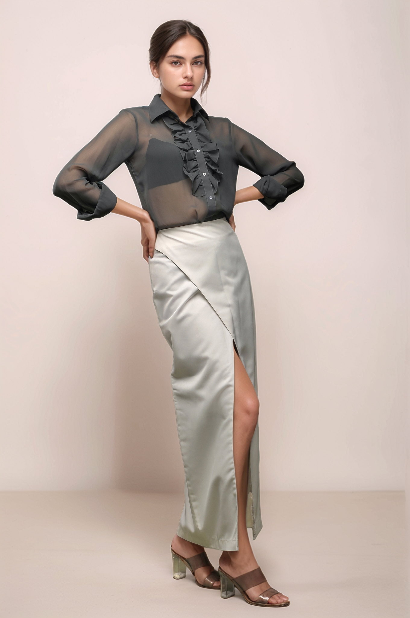Grey Ruffle Neck Shirt