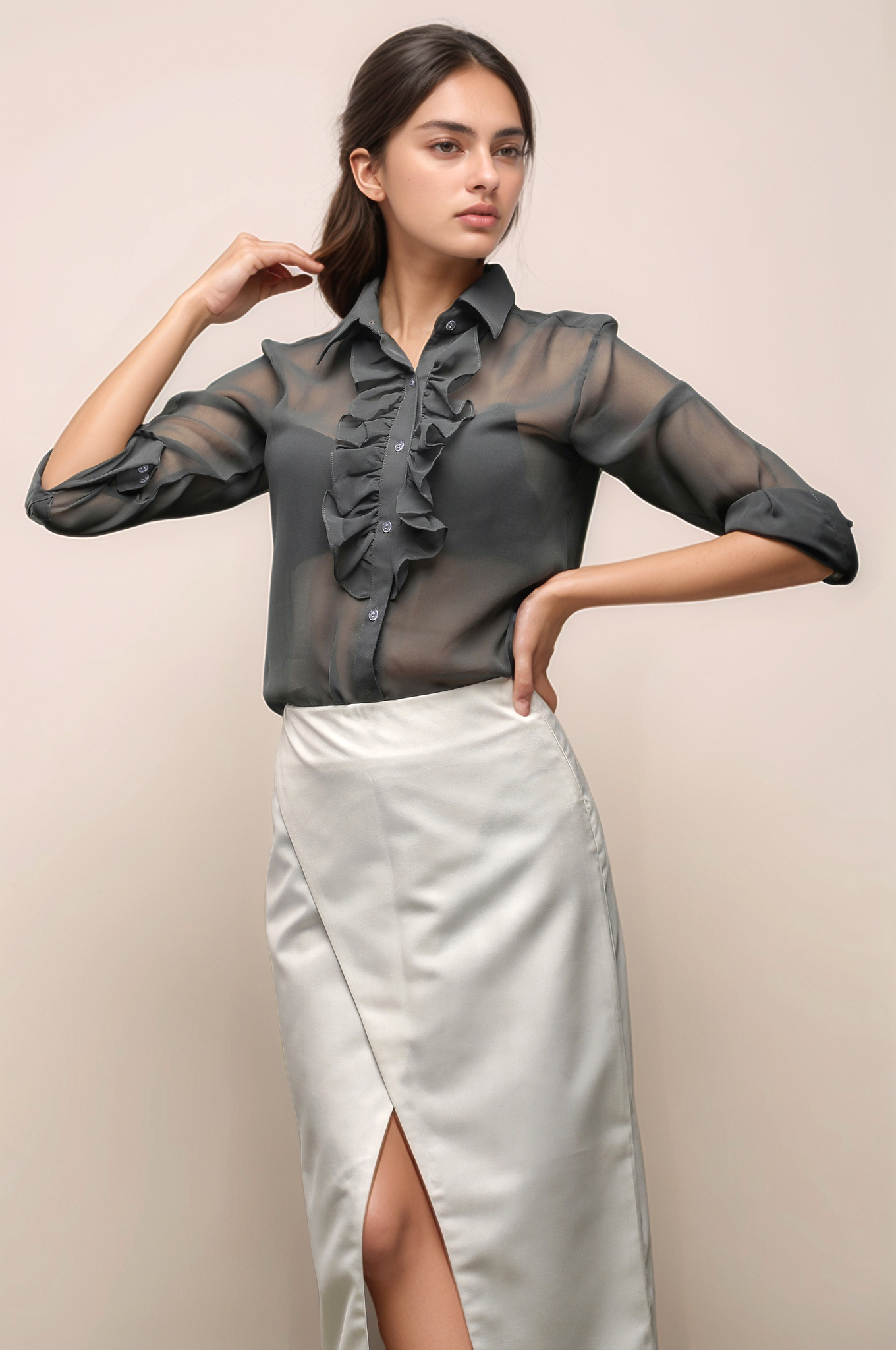 Grey Ruffle Neck Shirt