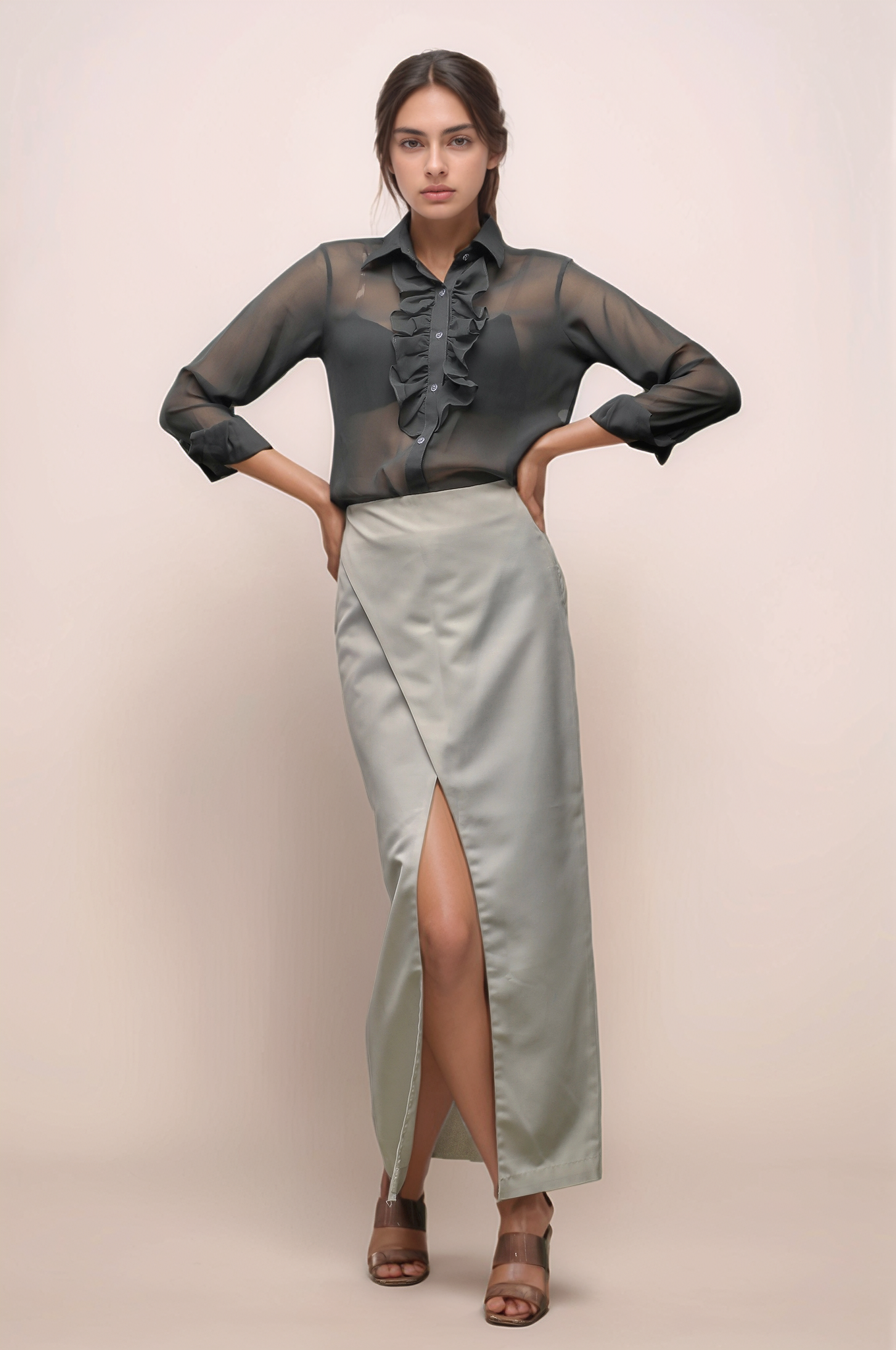 Grey Ruffle Neck Shirt