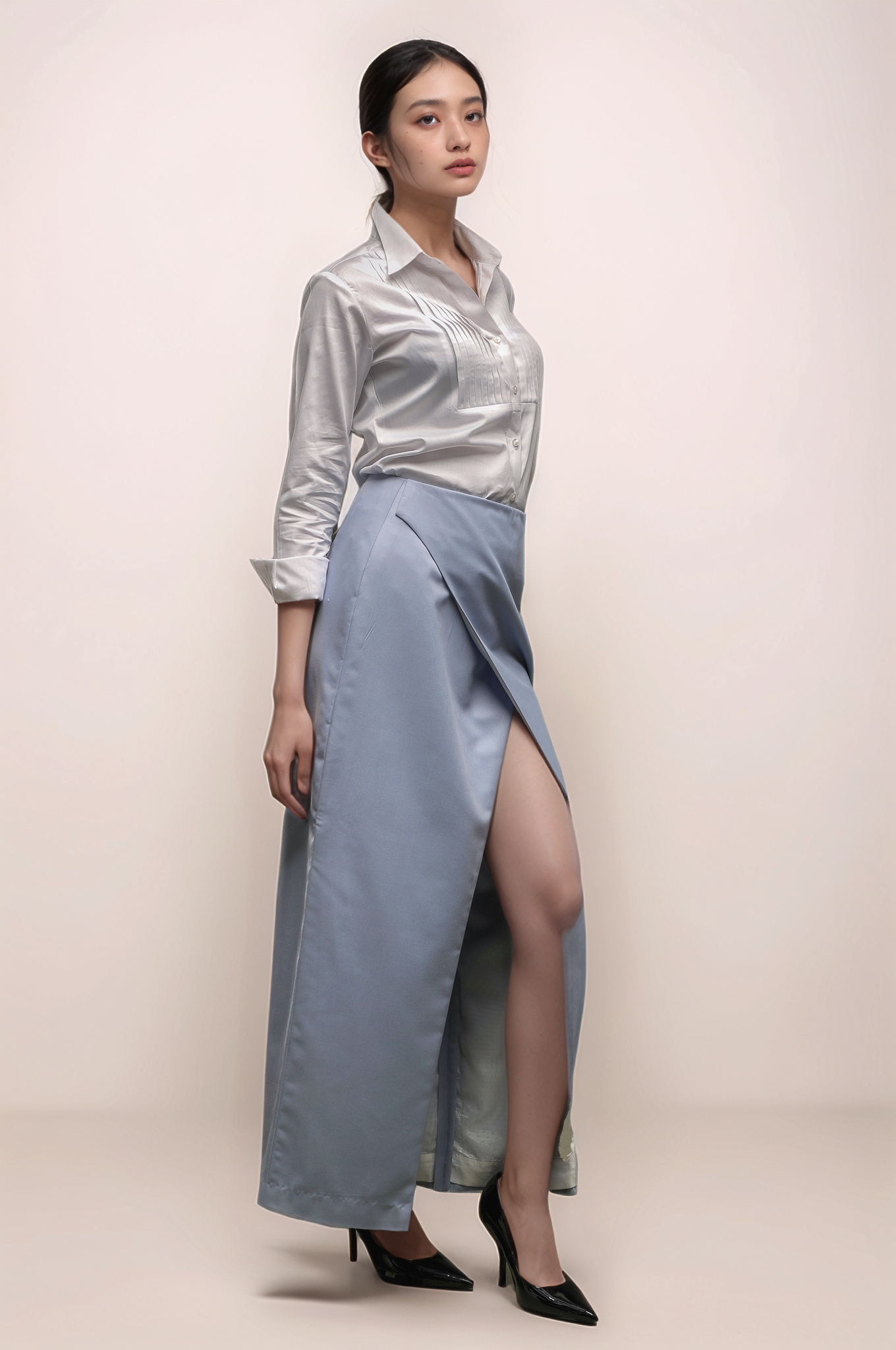 White Tuxedo Pleated Yoke Shirt
