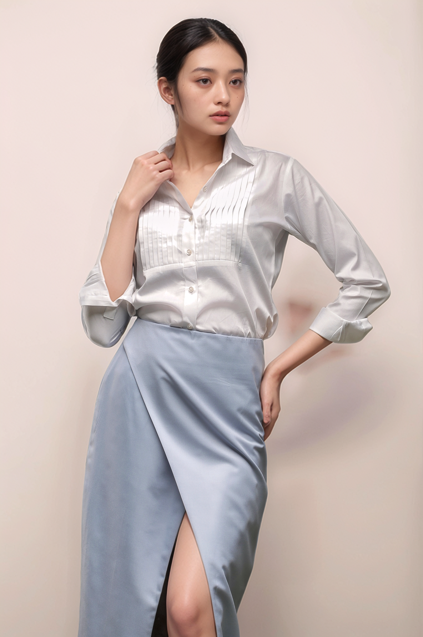 White Tuxedo Pleated Yoke Shirt