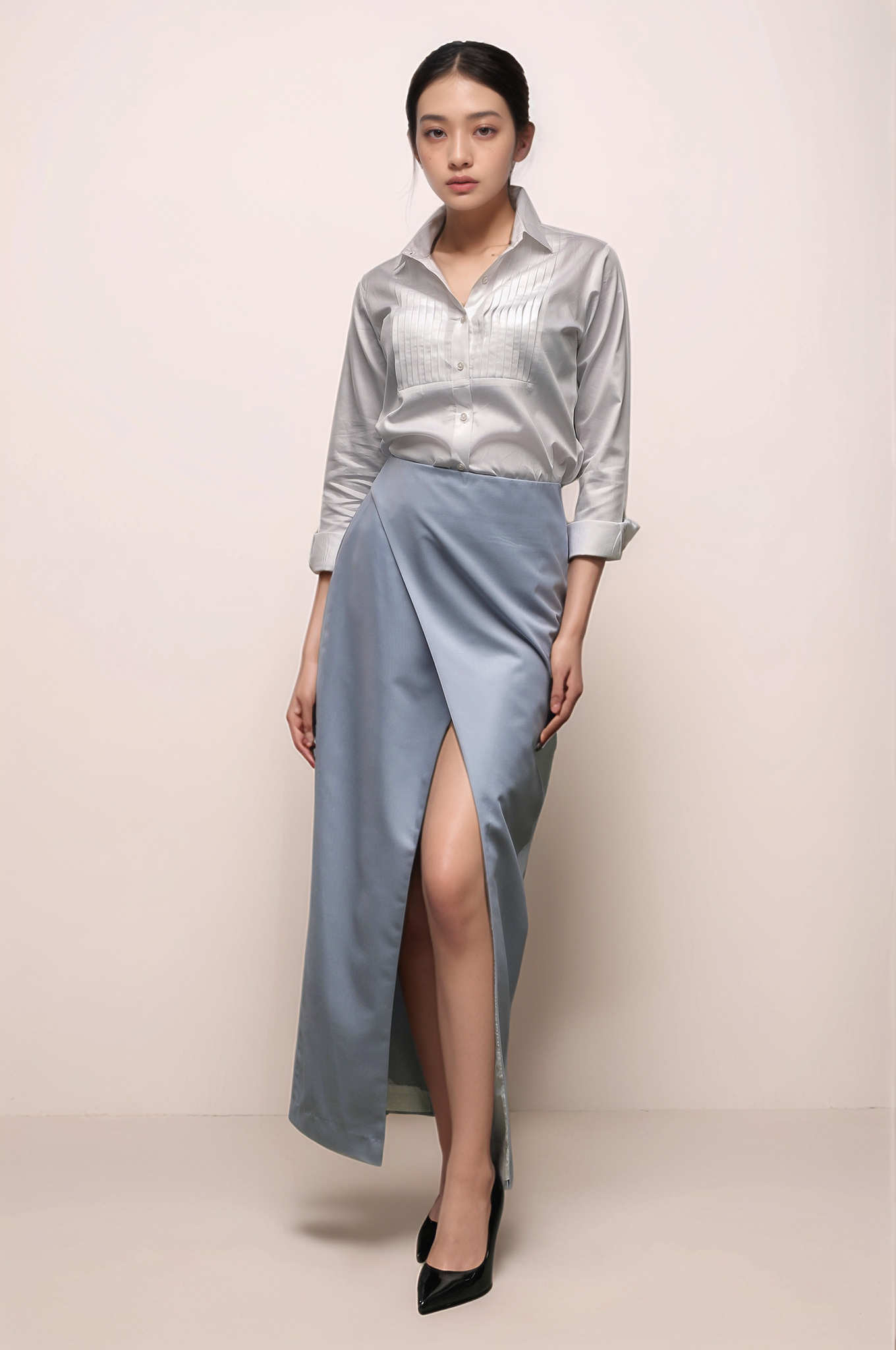 White Tuxedo Pleated Yoke Shirt