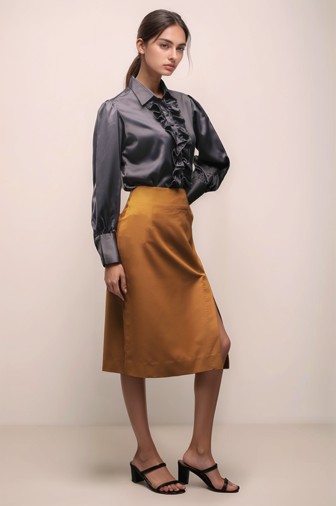 Grey Frill Satin Shirt