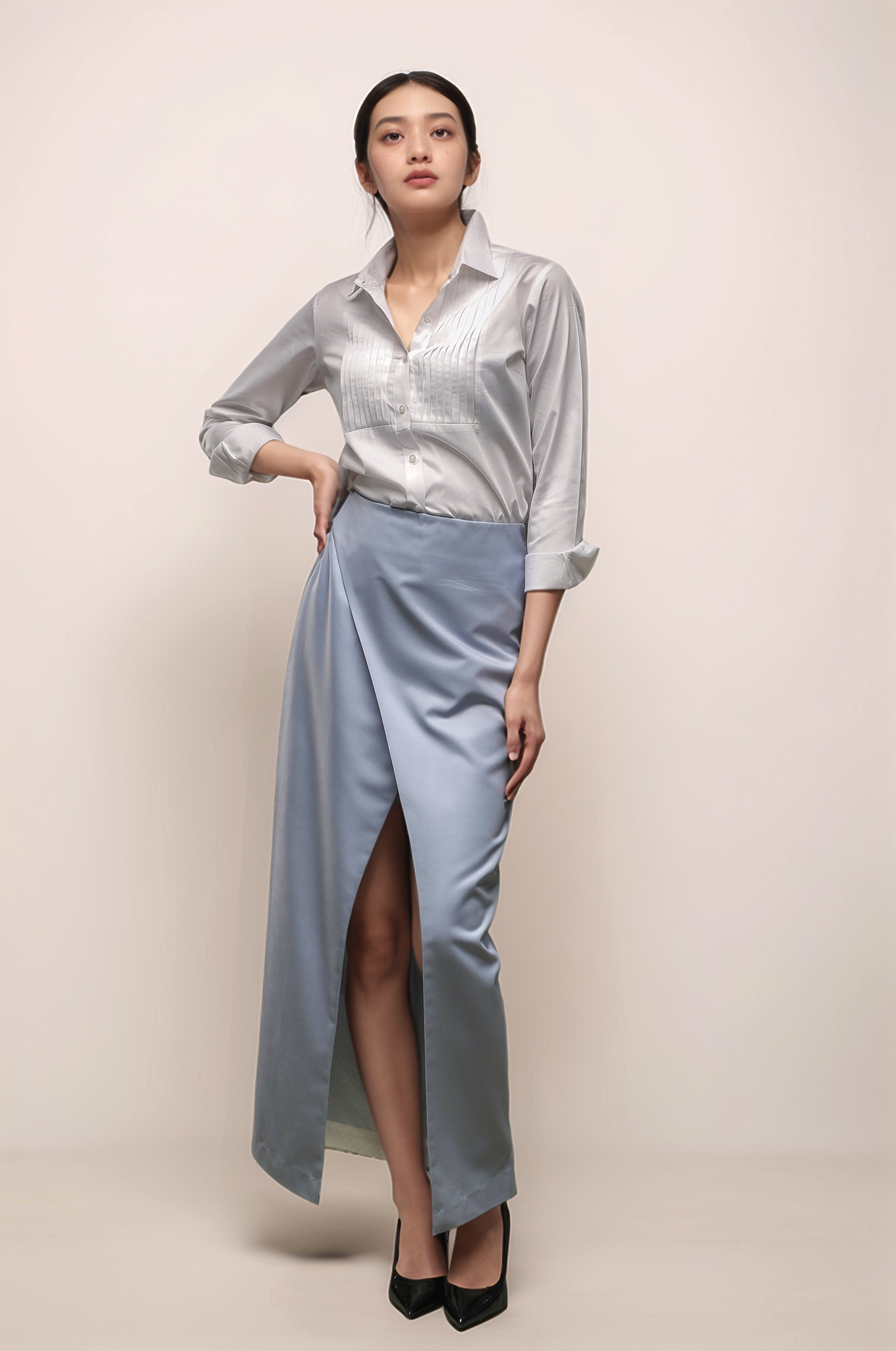 White Tuxedo Pleated Yoke Shirt