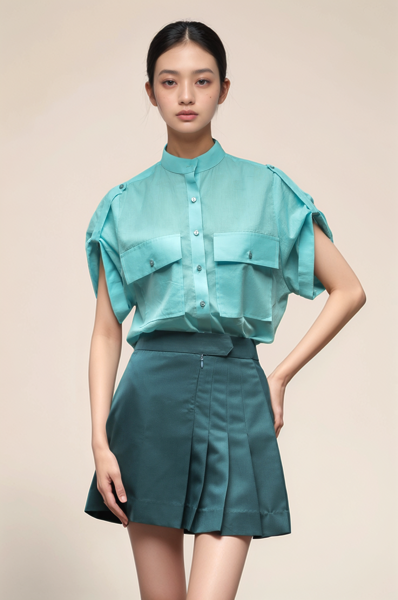 Teal Blue Pleated Short Skirt