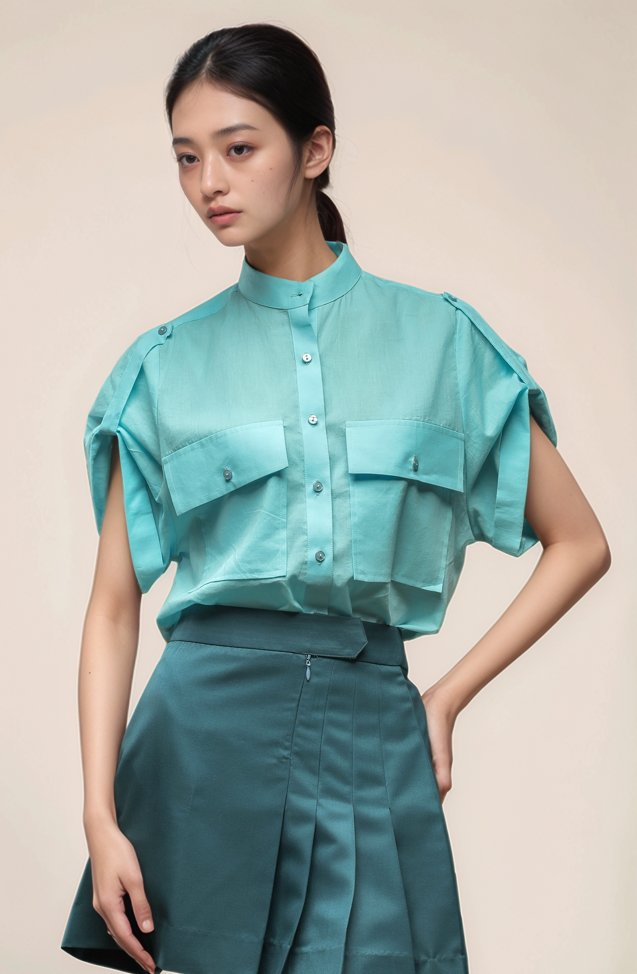 Sky Blue Mandarin Collar Shirt
