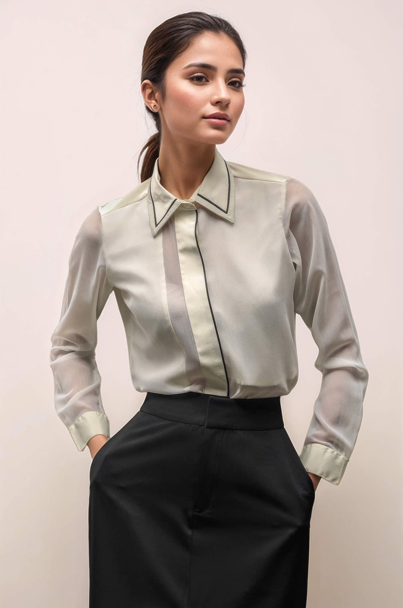 White Crepe Piping Shirt