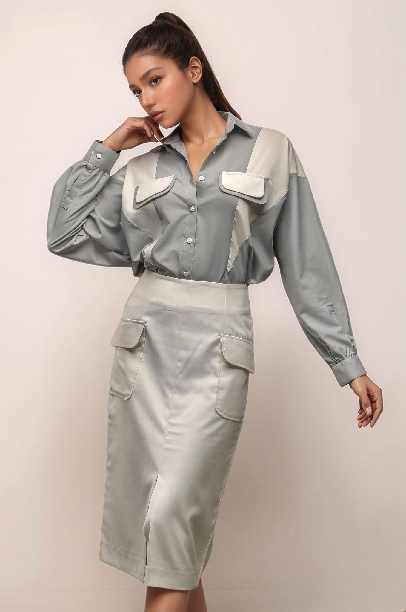 Grey Panel Batwing Sleeve Shirt