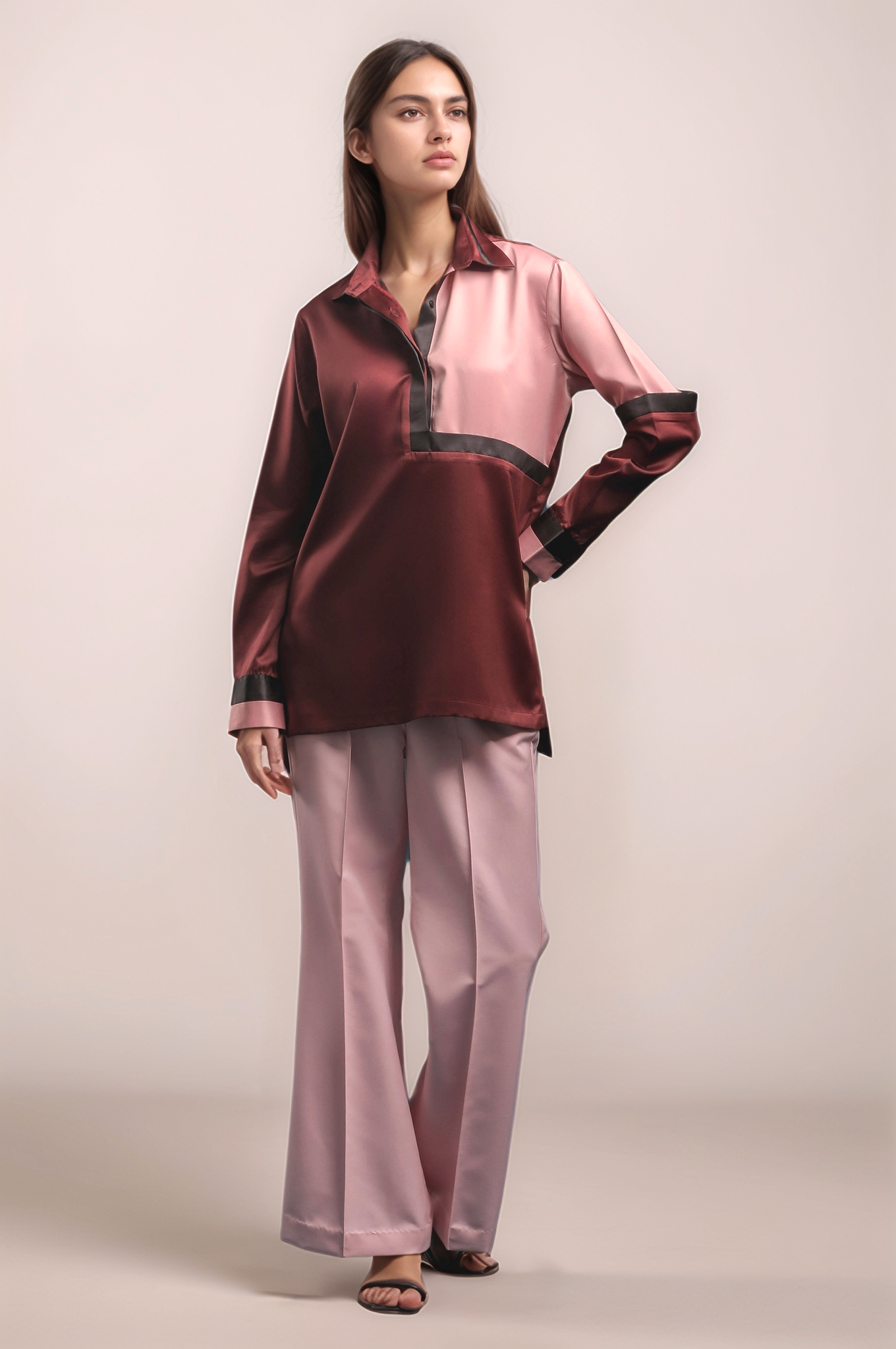 Maroon Yoked Satin Shirt
