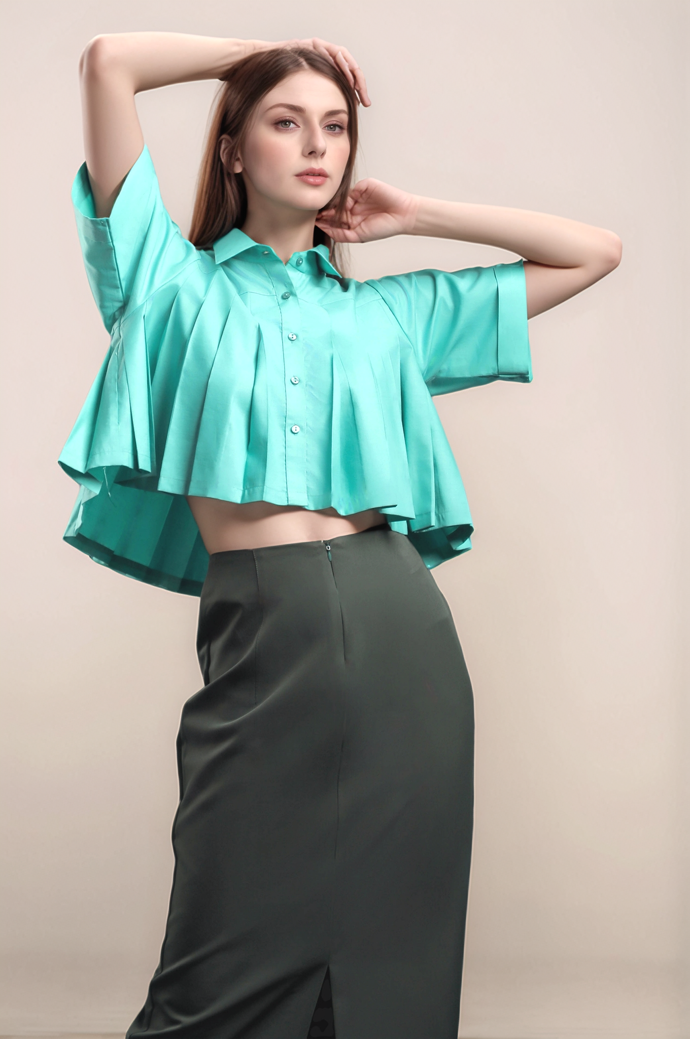 Sea Green Pleated Cropped Shirt