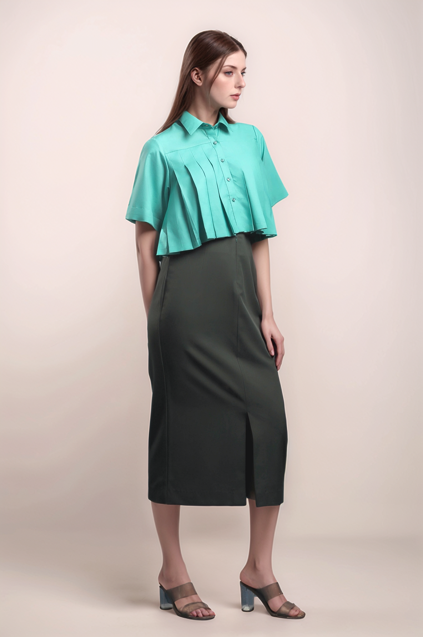 Sea Green Pleated Cropped Shirt