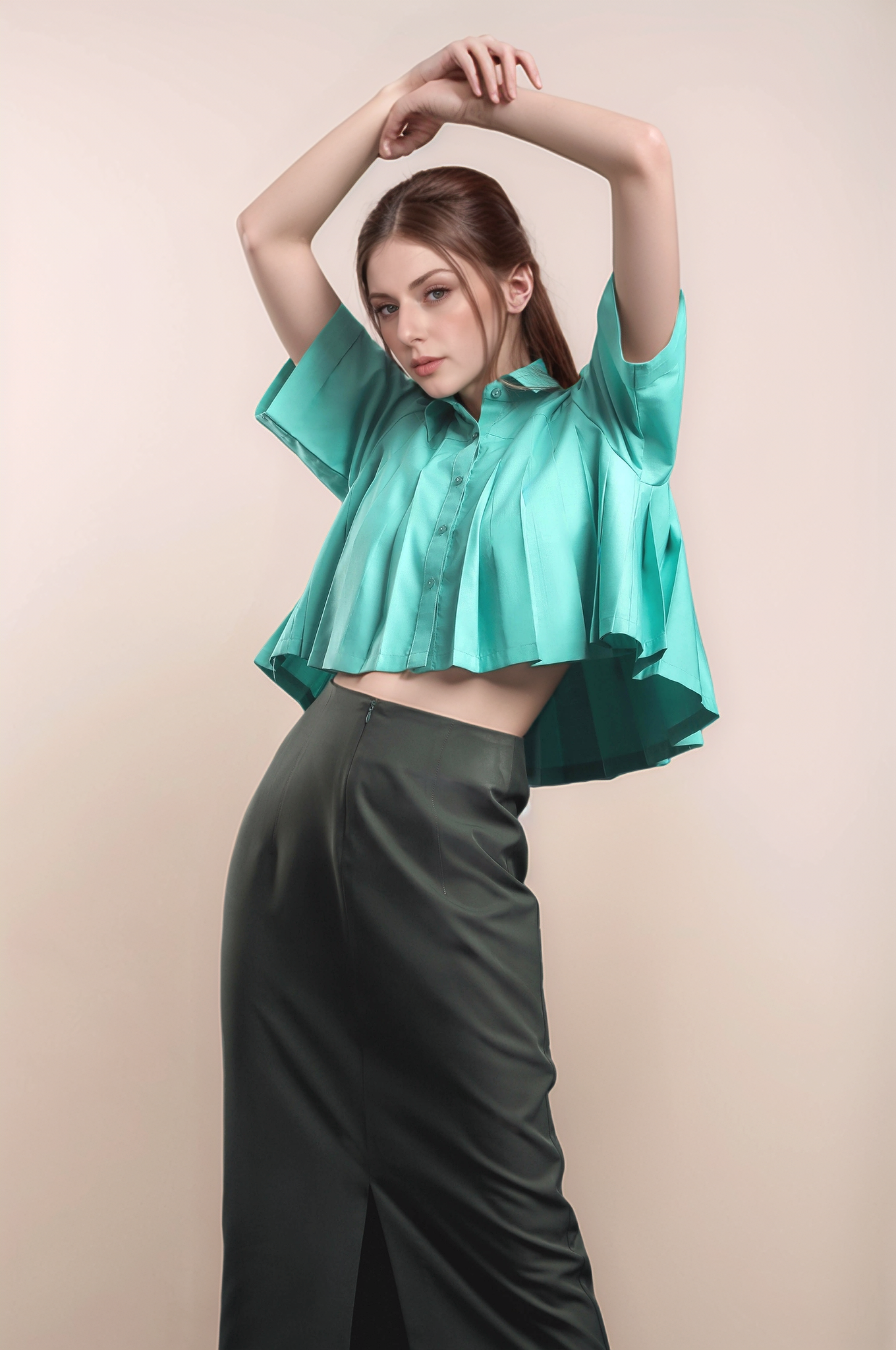 Sea Green Pleated Cropped Shirt