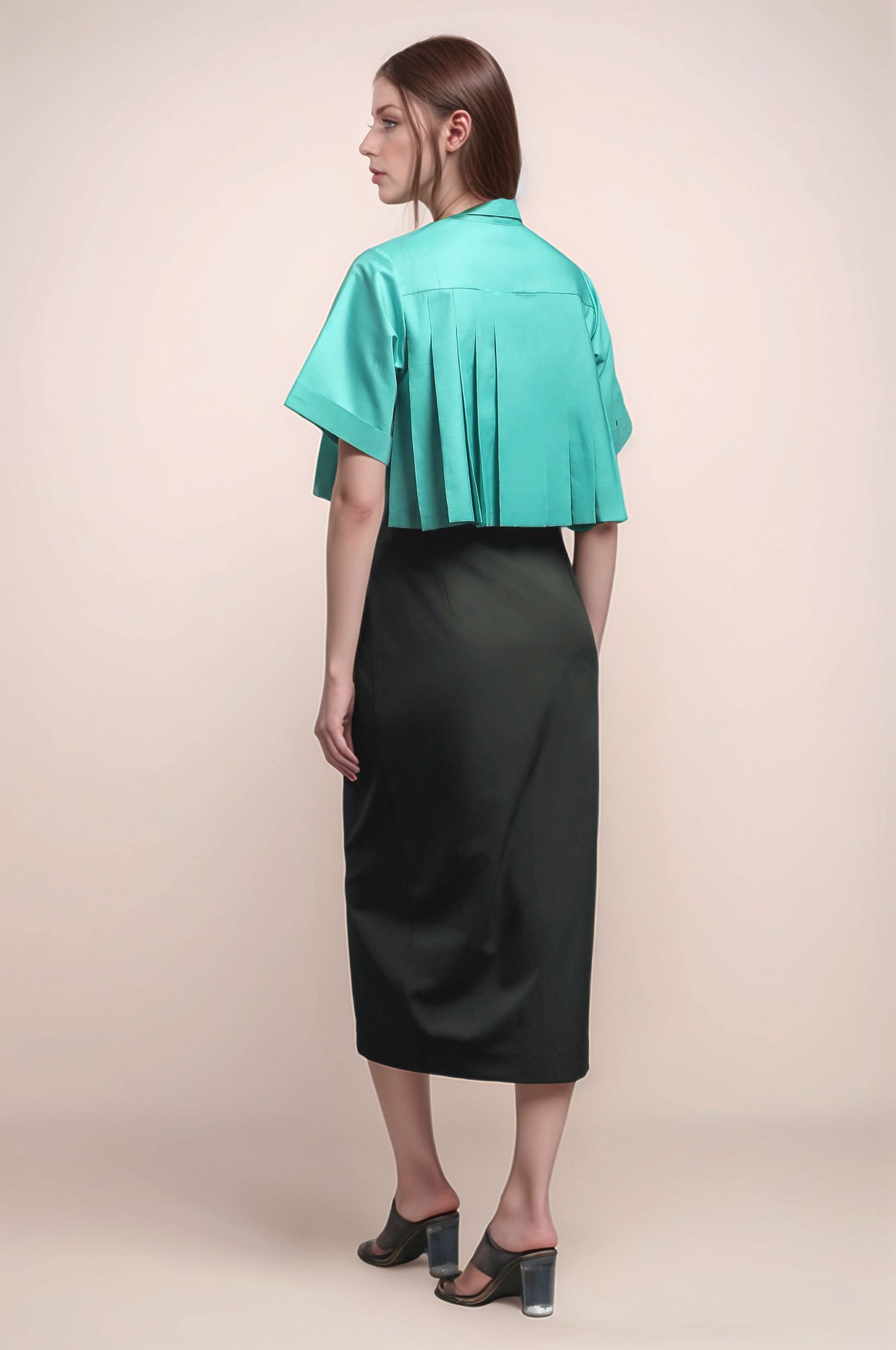 Sea Green Pleated Cropped Shirt