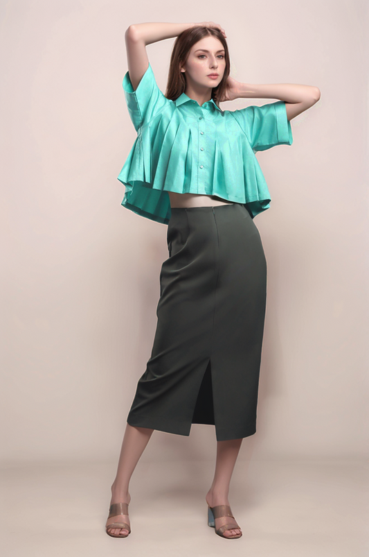 Sea Green Pleated Cropped Shirt