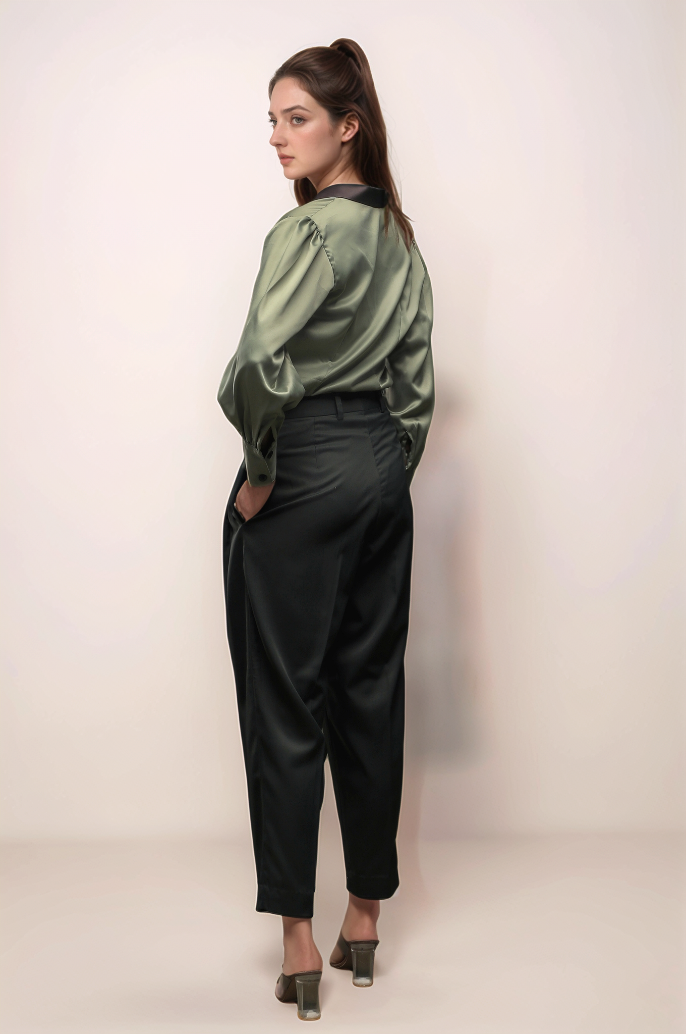 Pastel Green Shawl Collar Shirt & Dark Green Double Pleated Trouser Combo