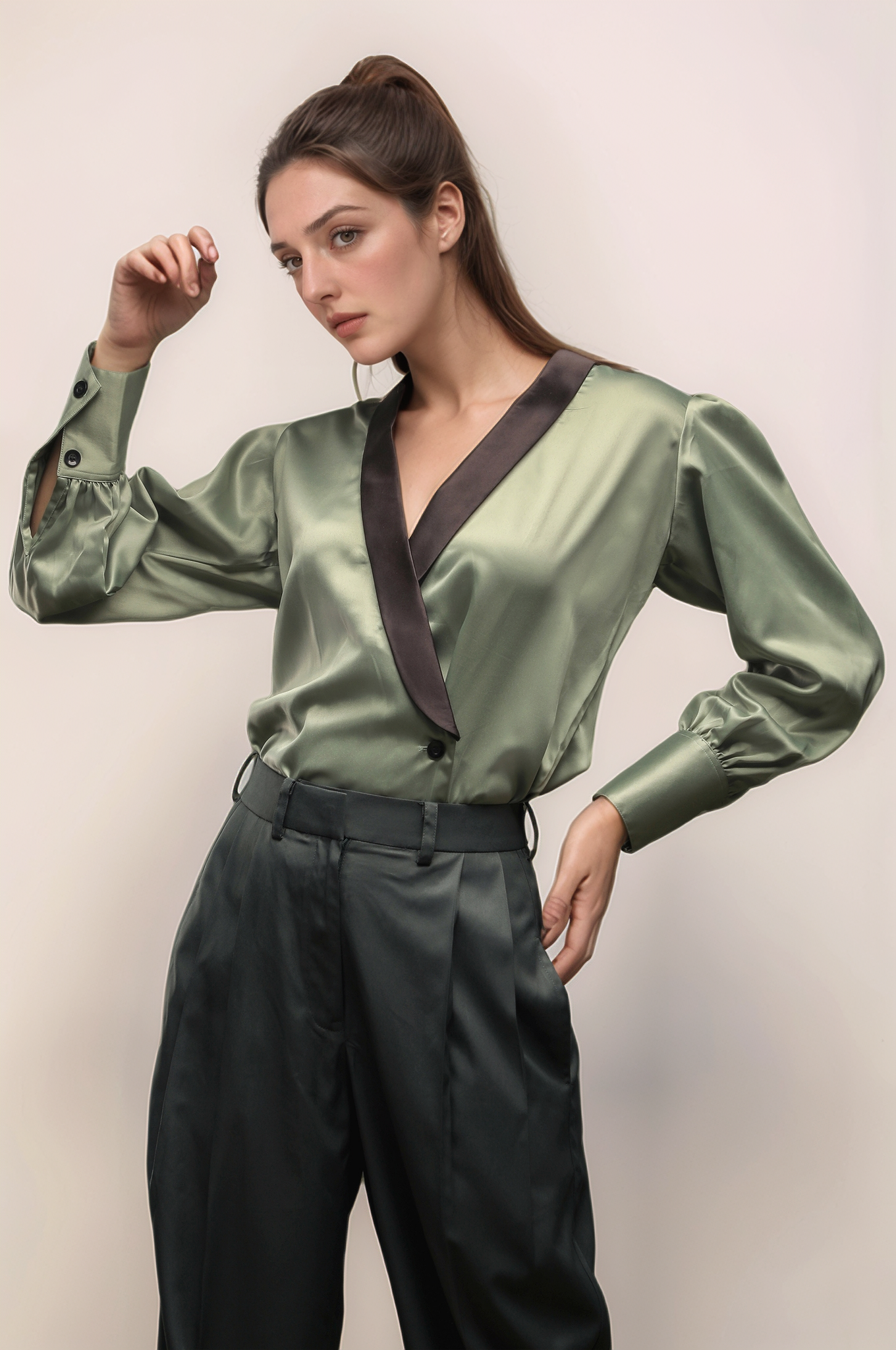 Pastel Green Shawl Collar Shirt & Dark Green Double Pleated Trouser Combo