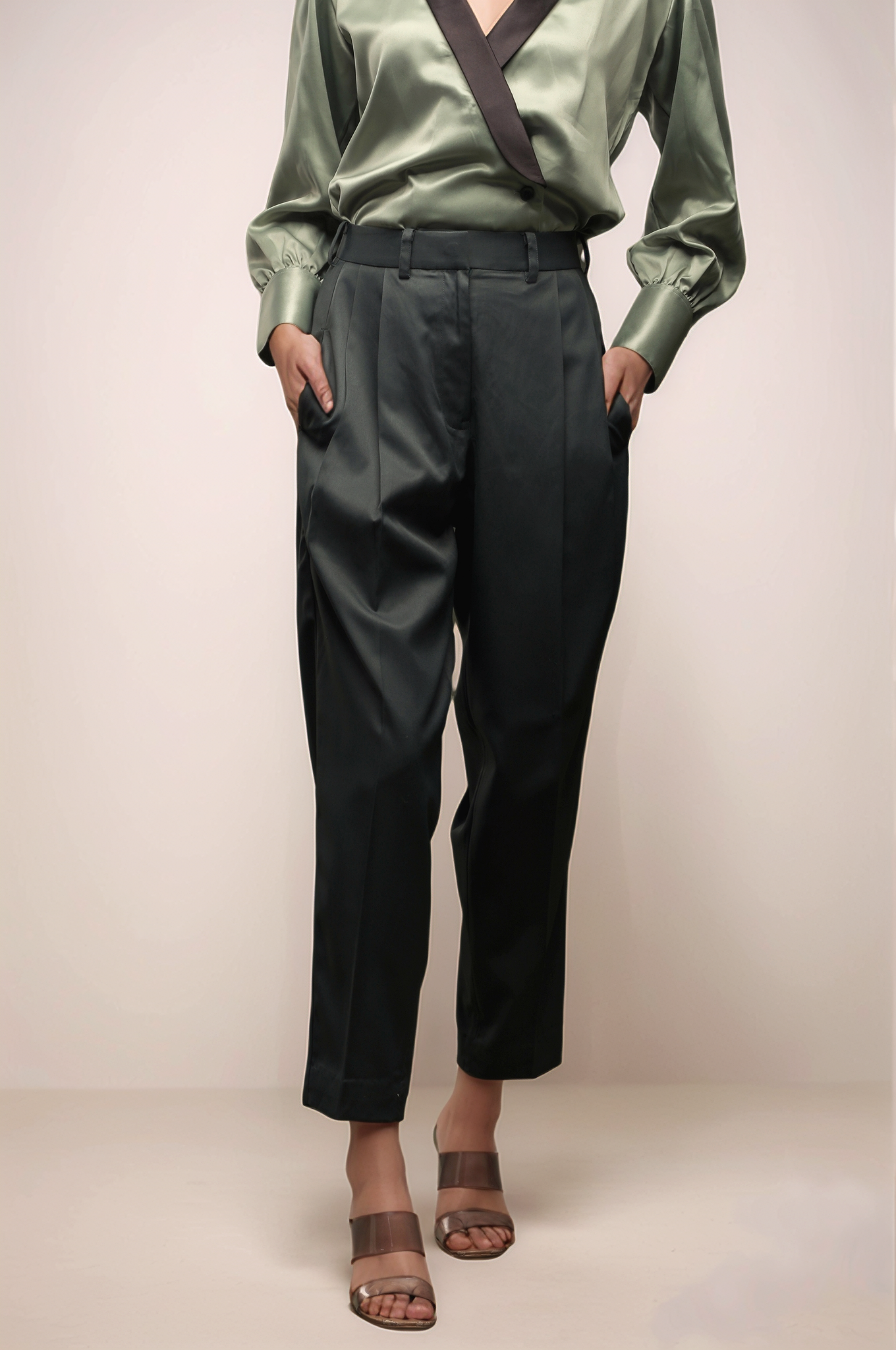Pastel Green Shawl Collar Shirt & Dark Green Double Pleated Trouser Combo