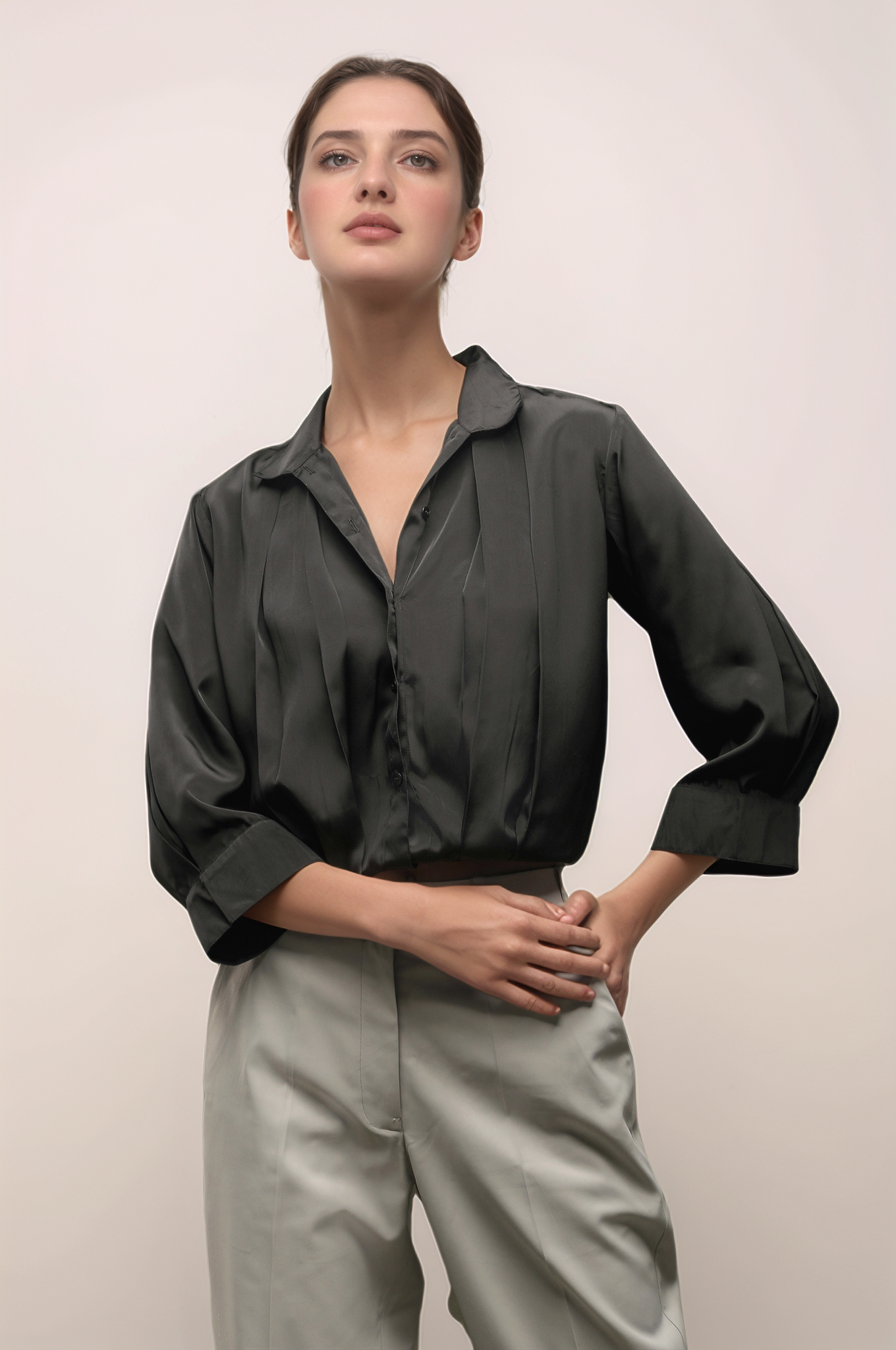 Black Crepe Pleated Shirt