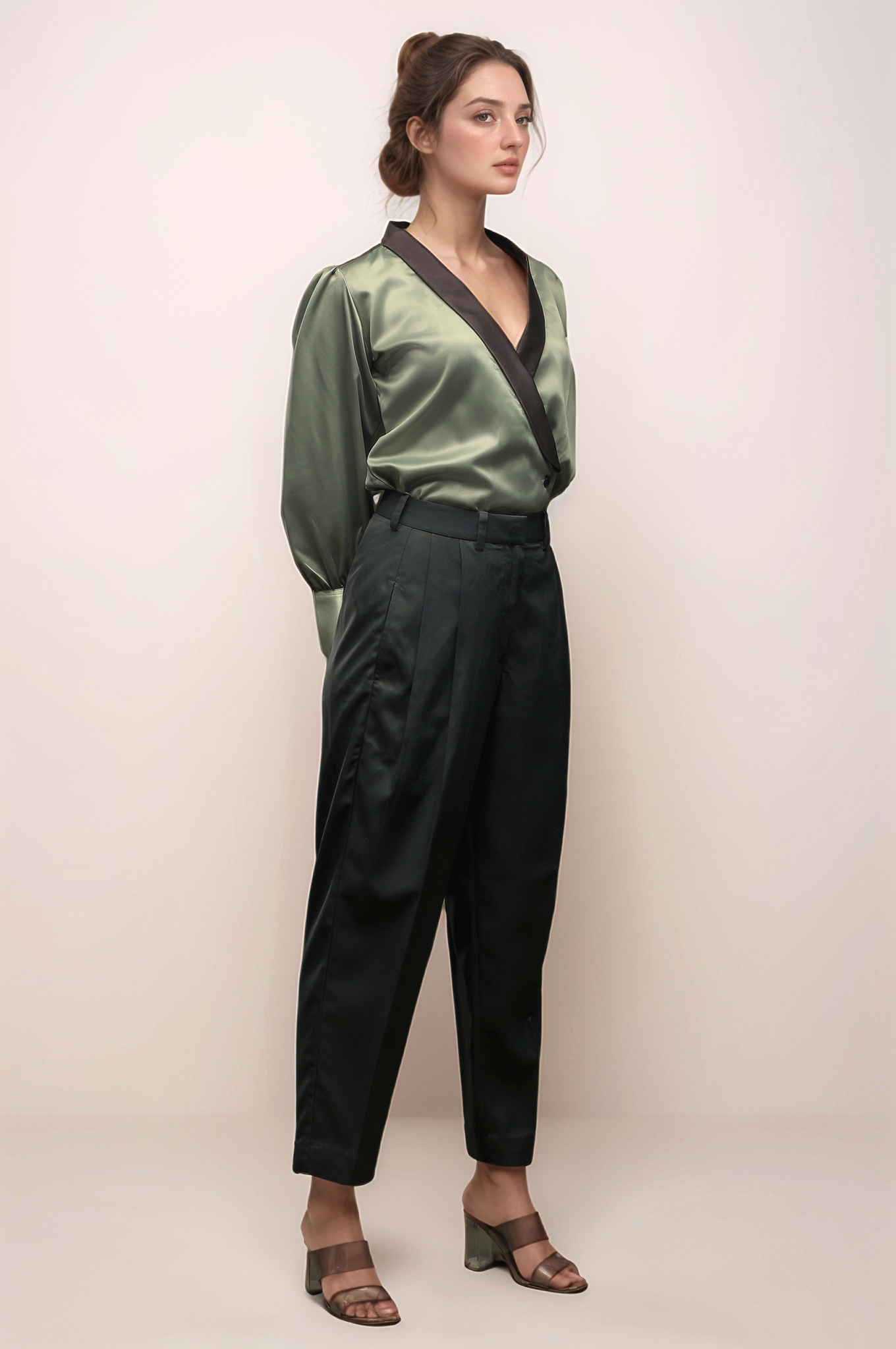 Pastel Green Shawl Collar Shirt & Dark Green Double Pleated Trouser Combo