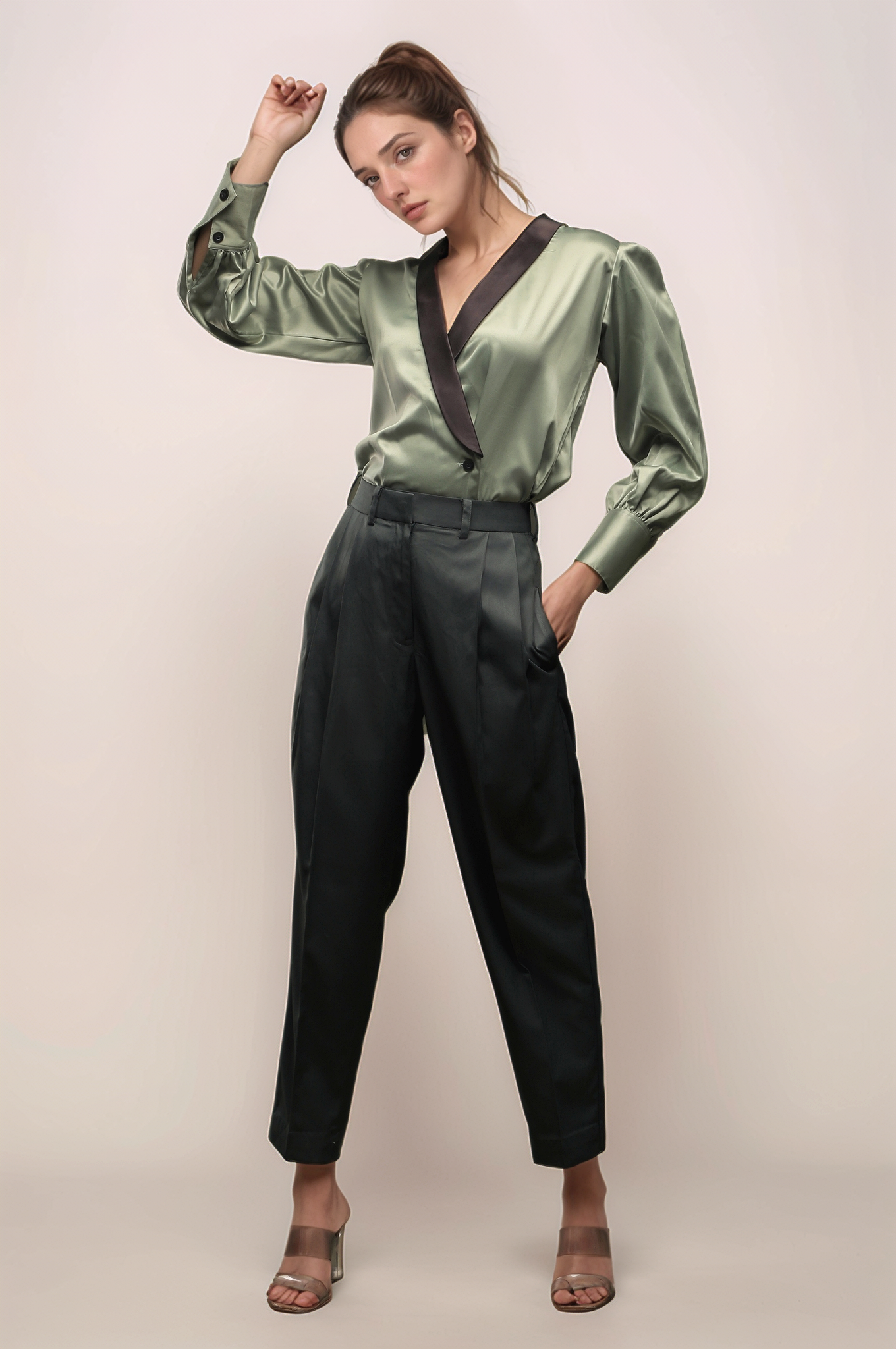 Pastel Green Shawl Collar Shirt & Dark Green Double Pleated Trouser Combo
