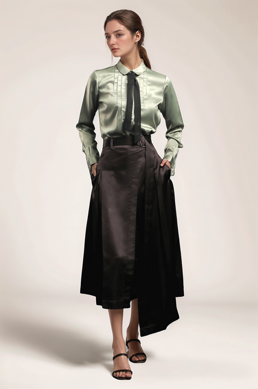 Black Satin Overlapped Skirt