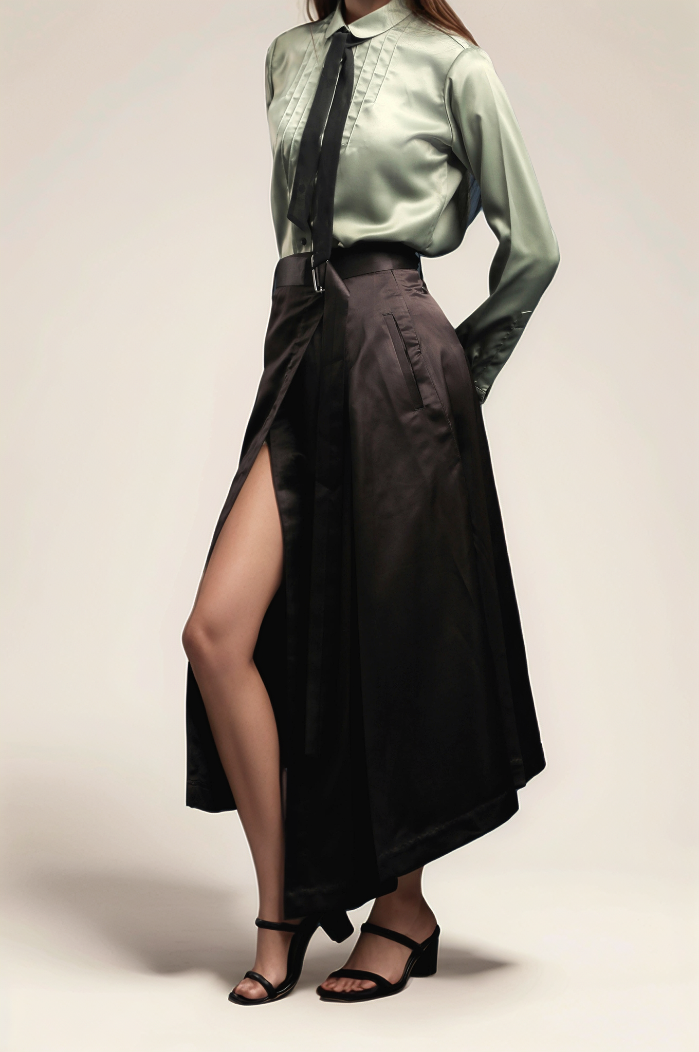 Black Satin Overlapped Skirt
