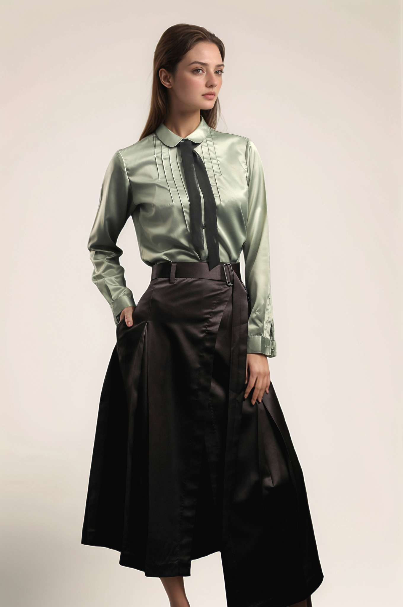Black Satin Overlapped Skirt