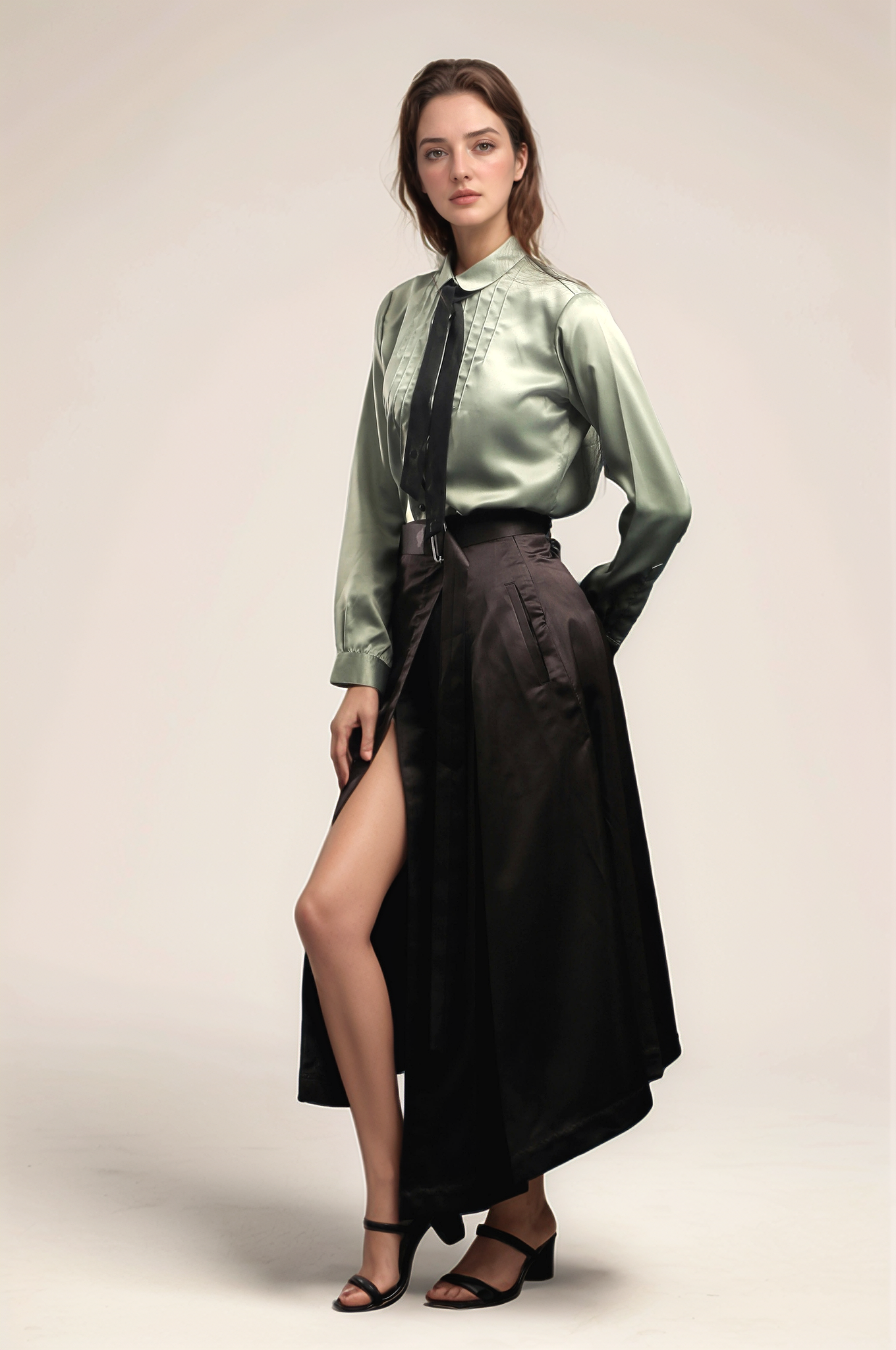 Black Satin Overlapped Skirt