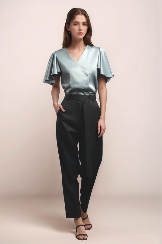 Blue Overlapped Satin Shirt
