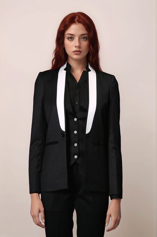 Black White Panel Blazer & Black Slim Fit Trouser Suit