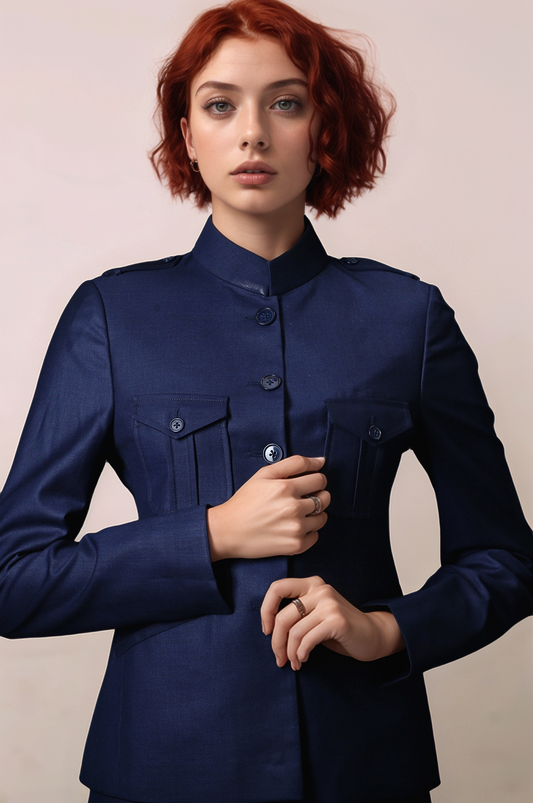 Blue Mandarin Coat & Navy Blue Formal Skirt Suit