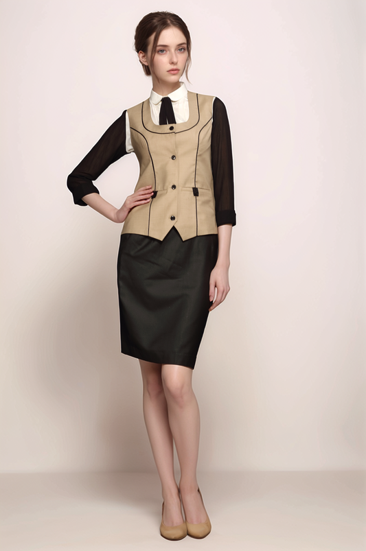 Beige-Black Piping Waistcoat
