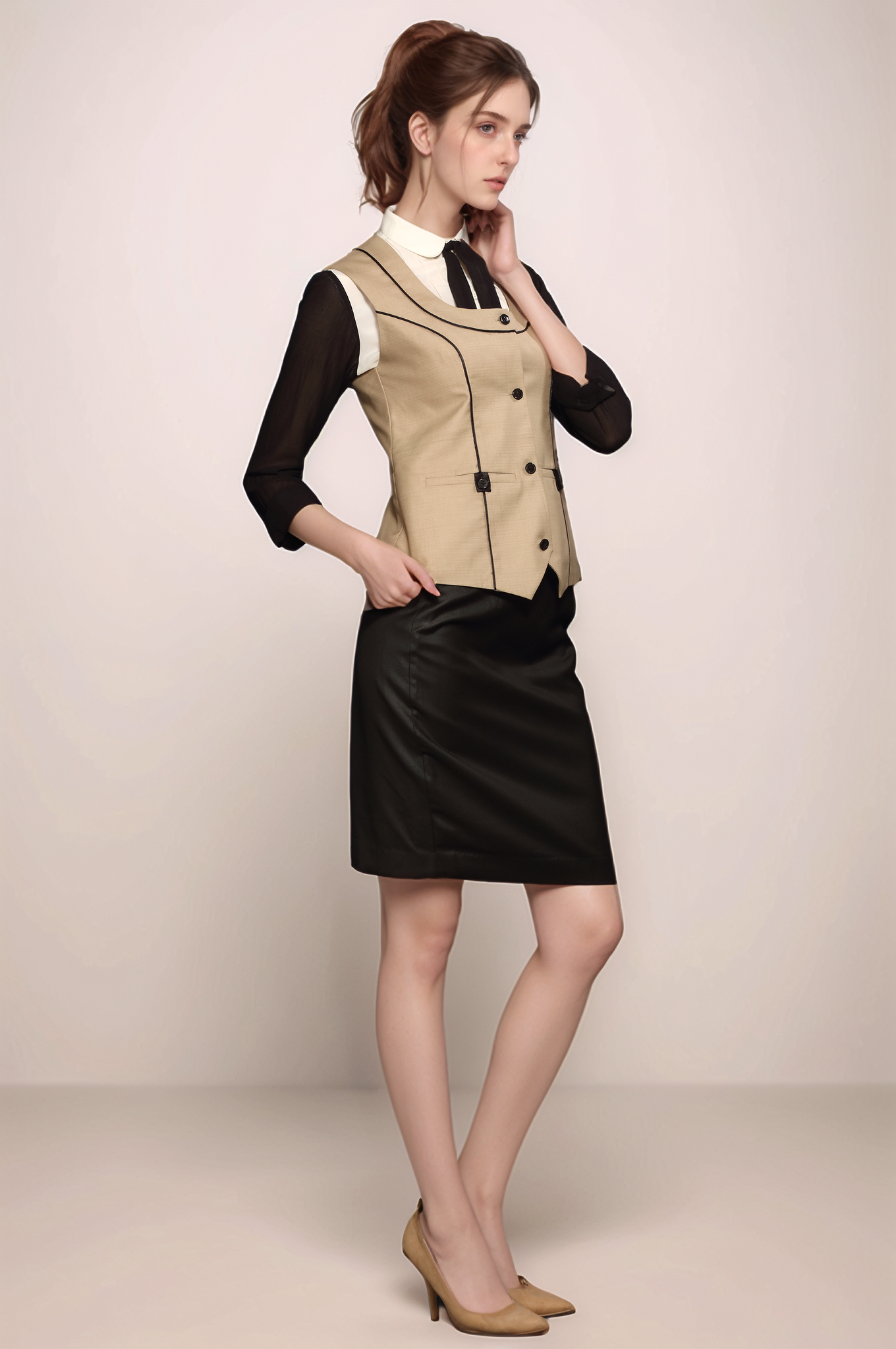 Beige-Black Piping Waistcoat