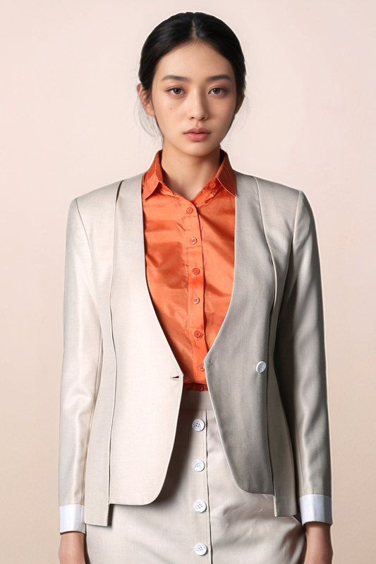 Beige V-Neck Layered Coat & Beige Front Buttoned Skirt Suit