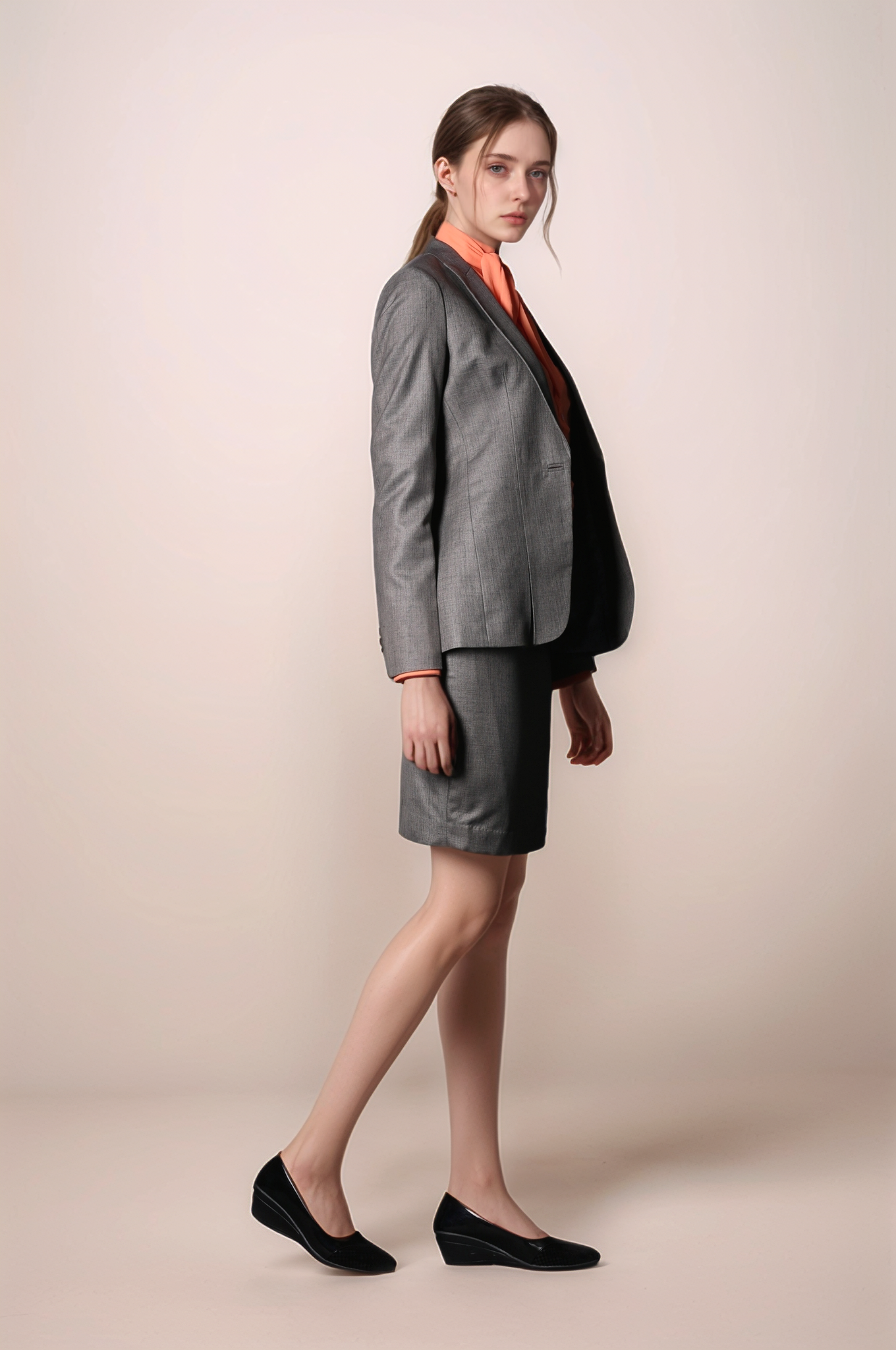 Beige Front Pleated Coat & Beige Formal Skirt Suit