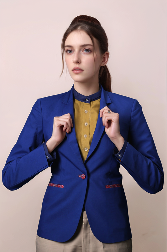 Blue Single Breasted Blazer & Beige Classy Trouser Suit