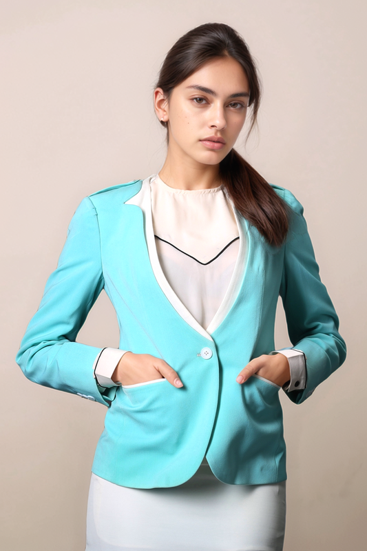 Sky Blue V-Neck Blazer & Ivory Short Skirt Suit