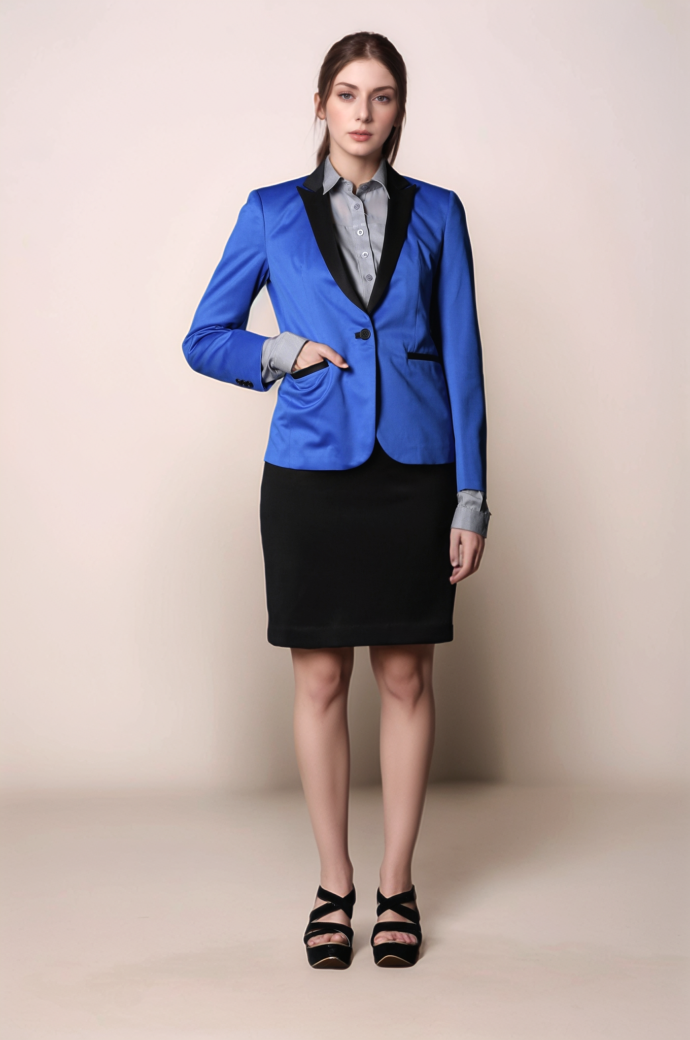 Blue Tuxedo Coat & Black Formal Skirt Suit