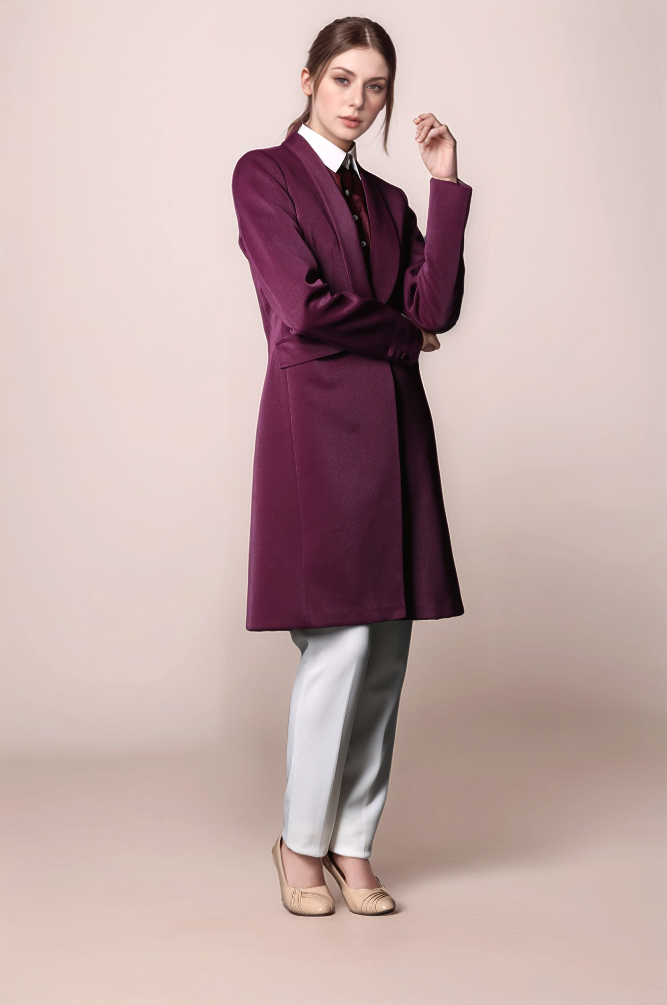 Wine Shawl Collar Trench Coat