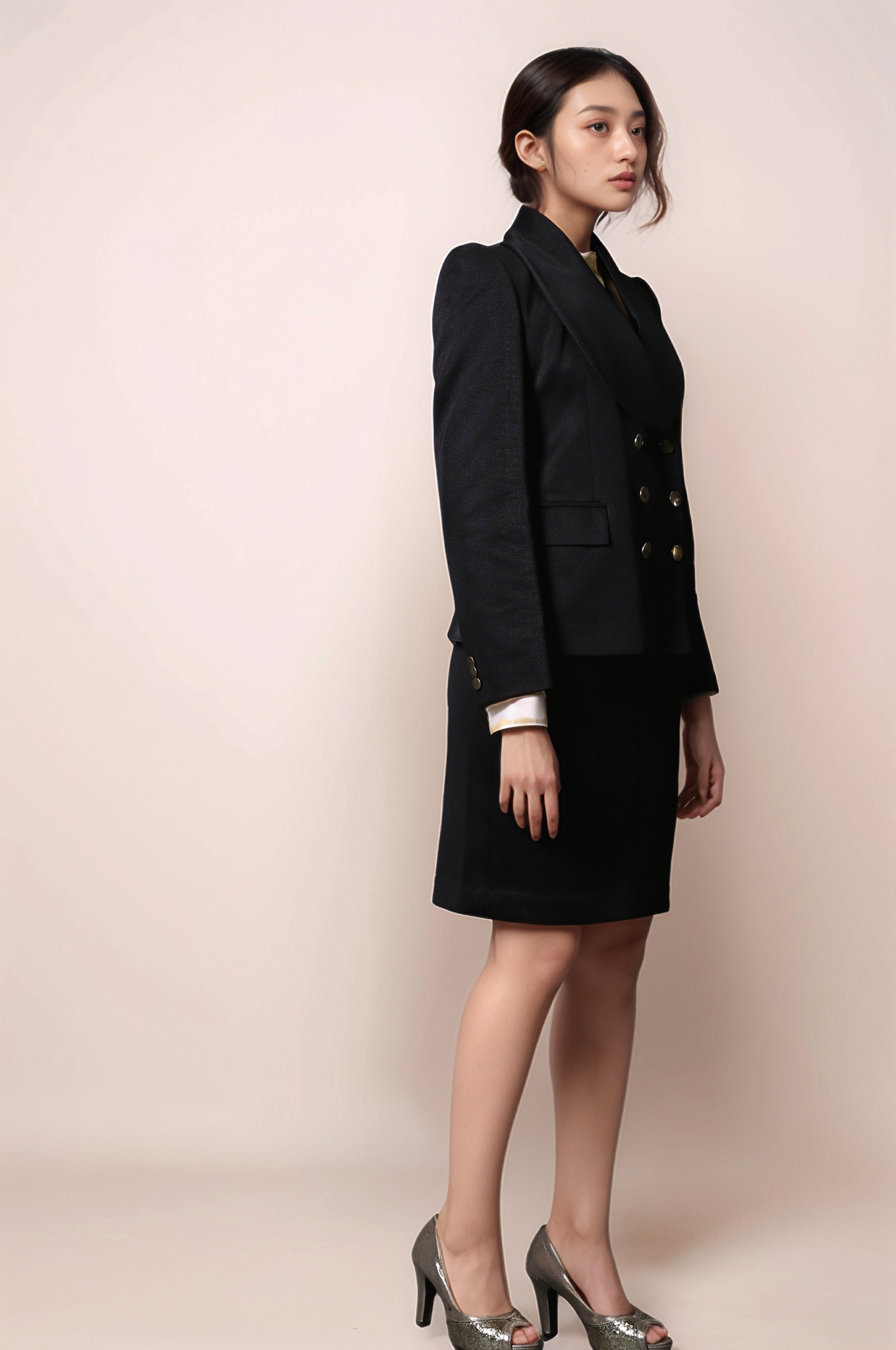 Black Shawl Collar Coat & Black Formal Skirt Suit