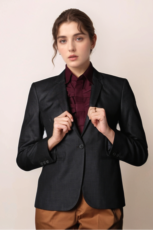 Black Single Breasted Coat & Tan Orange Pleated Trouser Suit