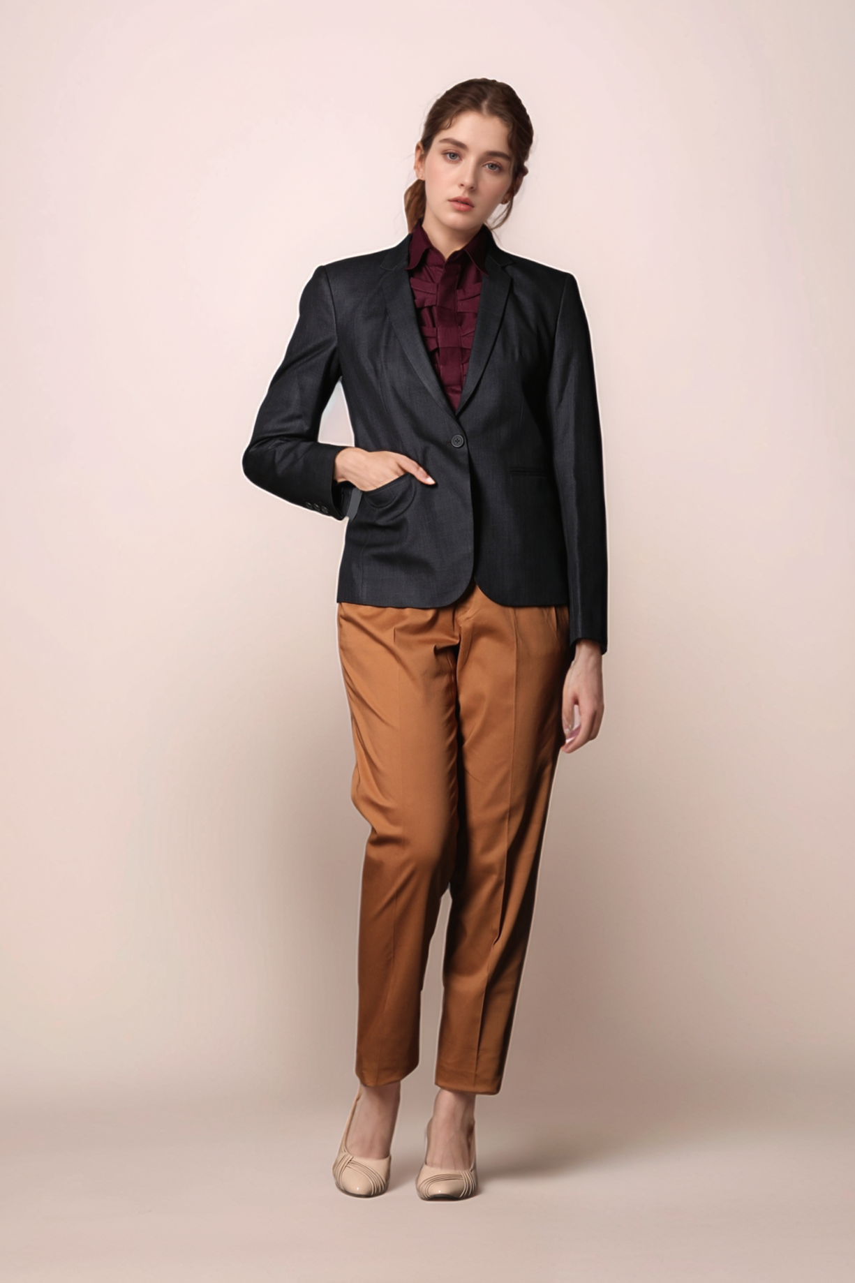 Black Single Breasted Coat & Tan Orange Pleated Trouser Suit