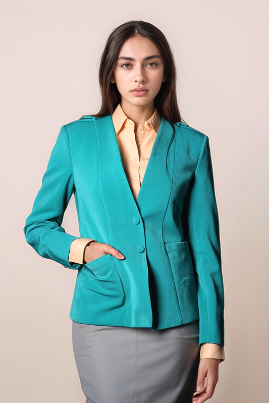 Teal V-Neck Coat & Grey Cotton Skirt Suit