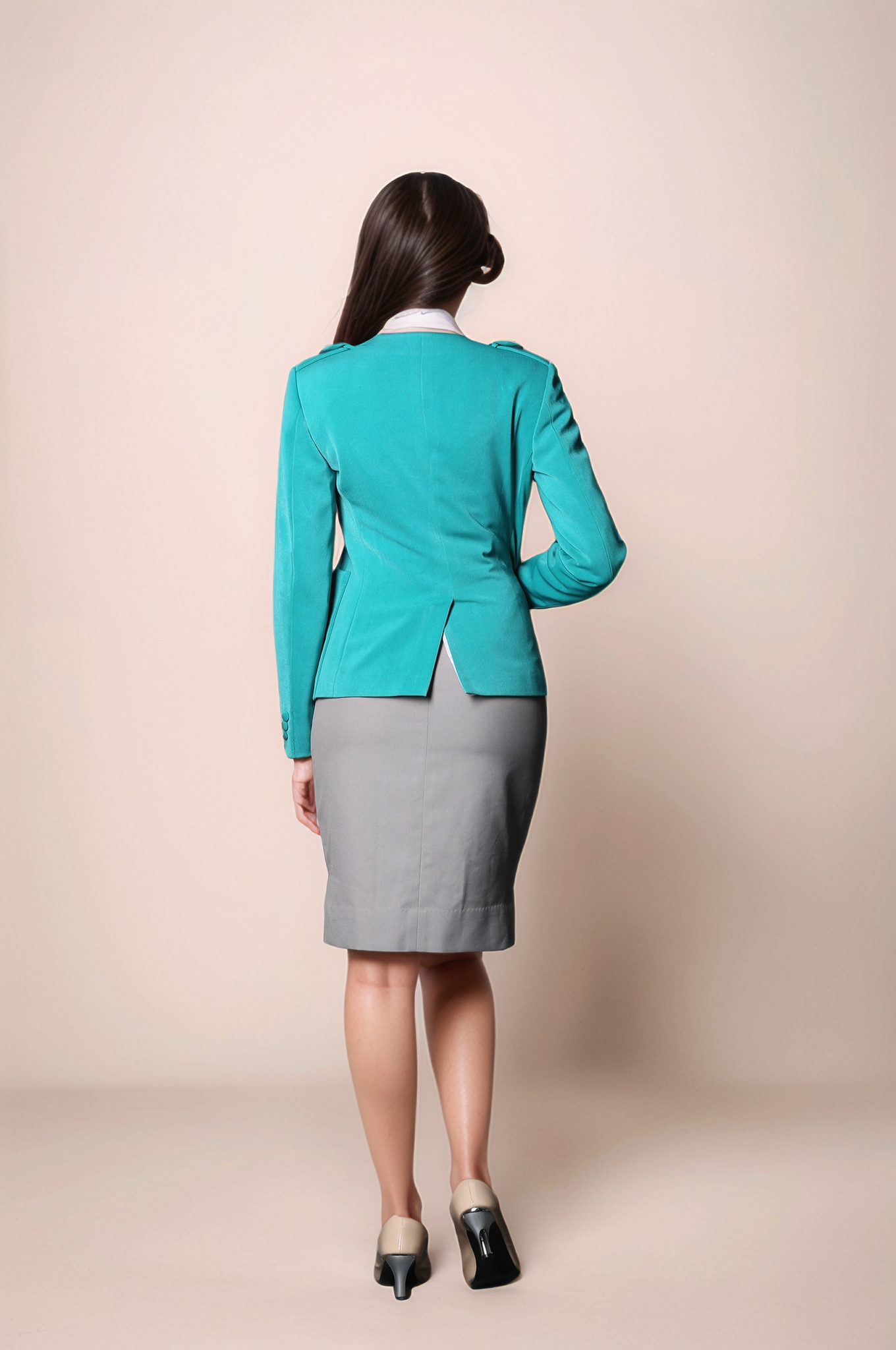 Teal V-Neck Coat & Grey Cotton Skirt Suit