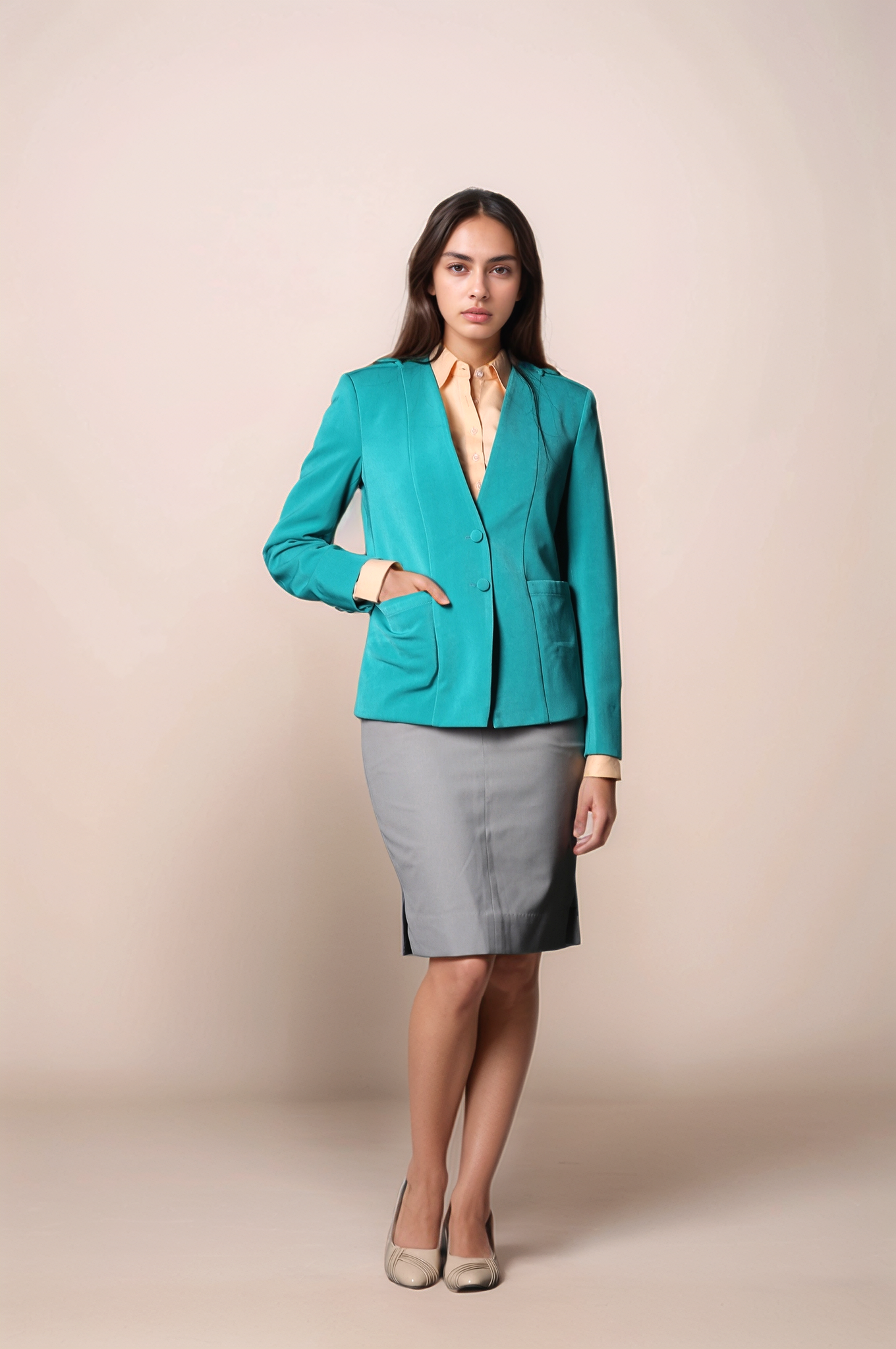 Teal V-Neck Coat & Grey Cotton Skirt Suit
