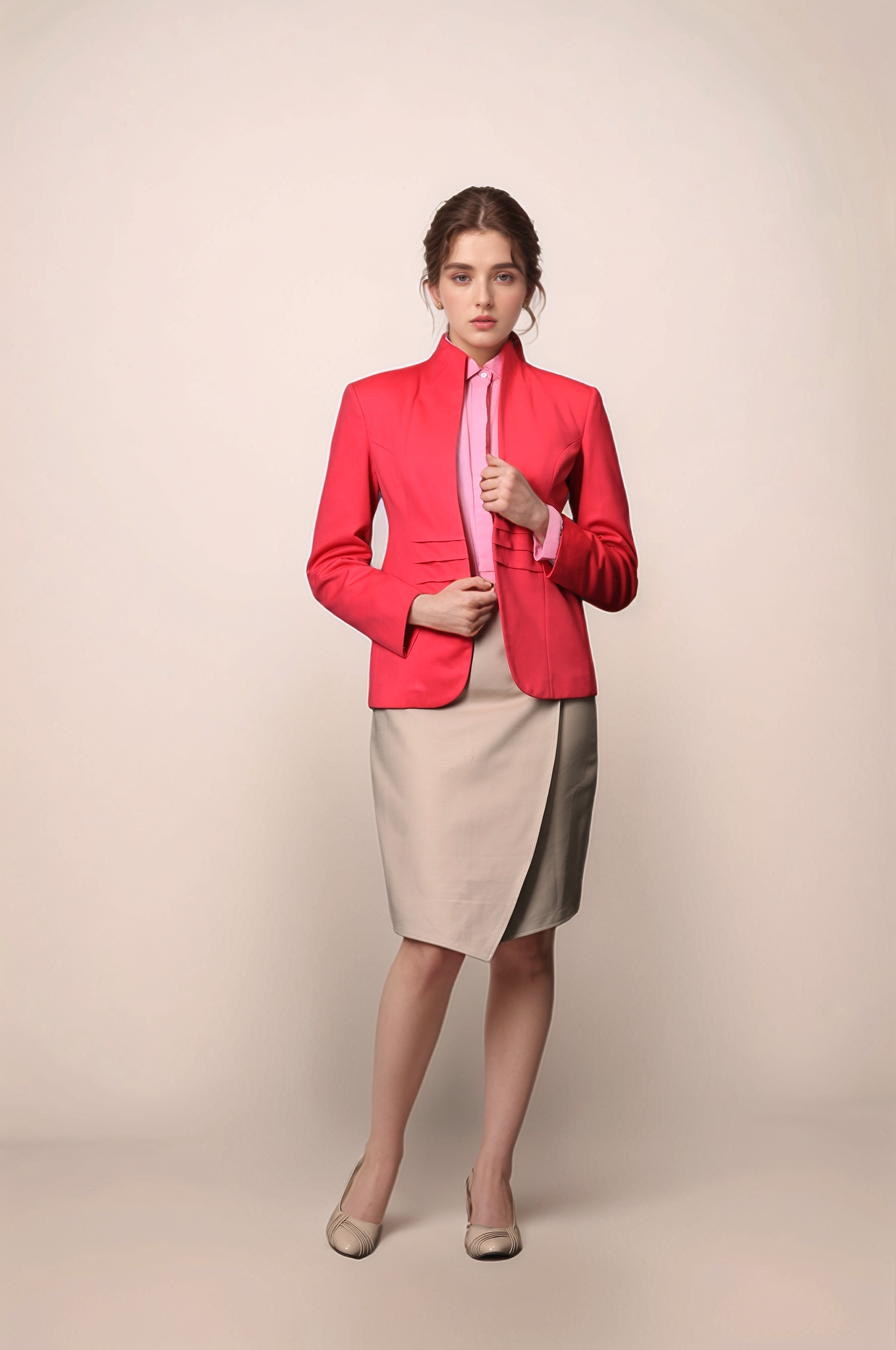 Red High Neck Coat & Beige Overlapped Skirt Suit