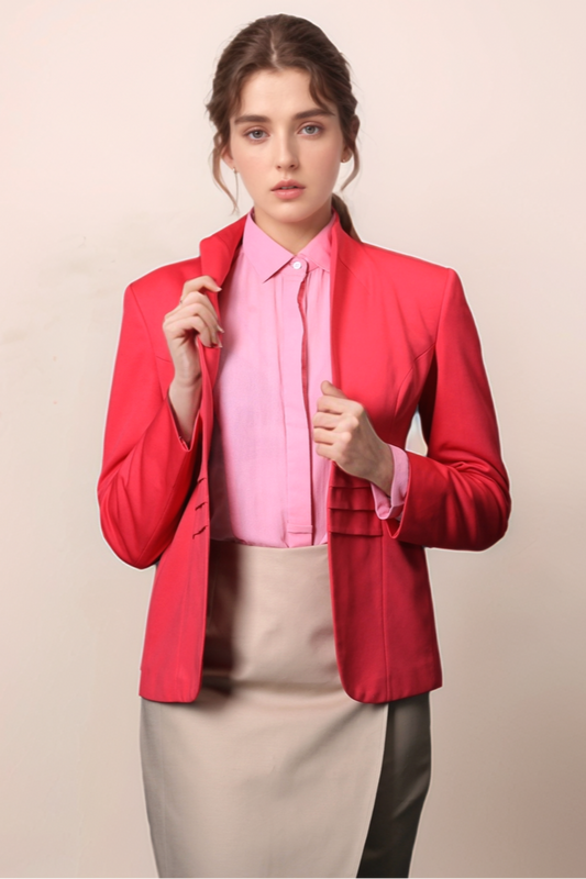 Red High Neck Coat & Beige Overlapped Skirt Suit